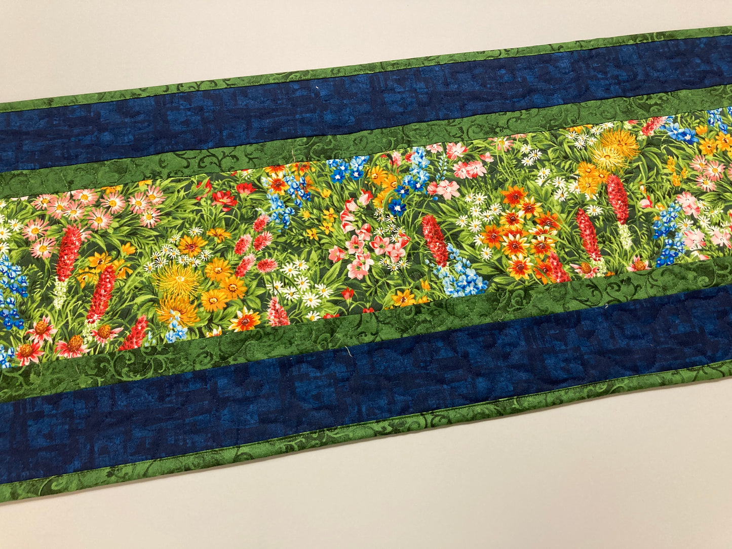 Summer Wildflowers Quilted Table Runner, 13x48" Yellow Red Blue Flowers, Dining Room Coffee Table Runner, Garden Floral Everyday Reversible