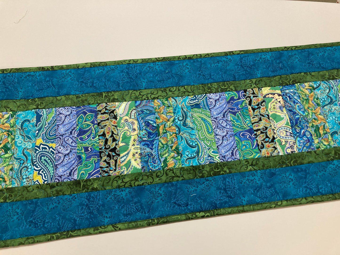 Quilted Table Runner, Blue Green Ocean Seaside Inspired 13x49" Reversible Washable, Dining Coffee Table Dresser, Everyday Handmade Abstract