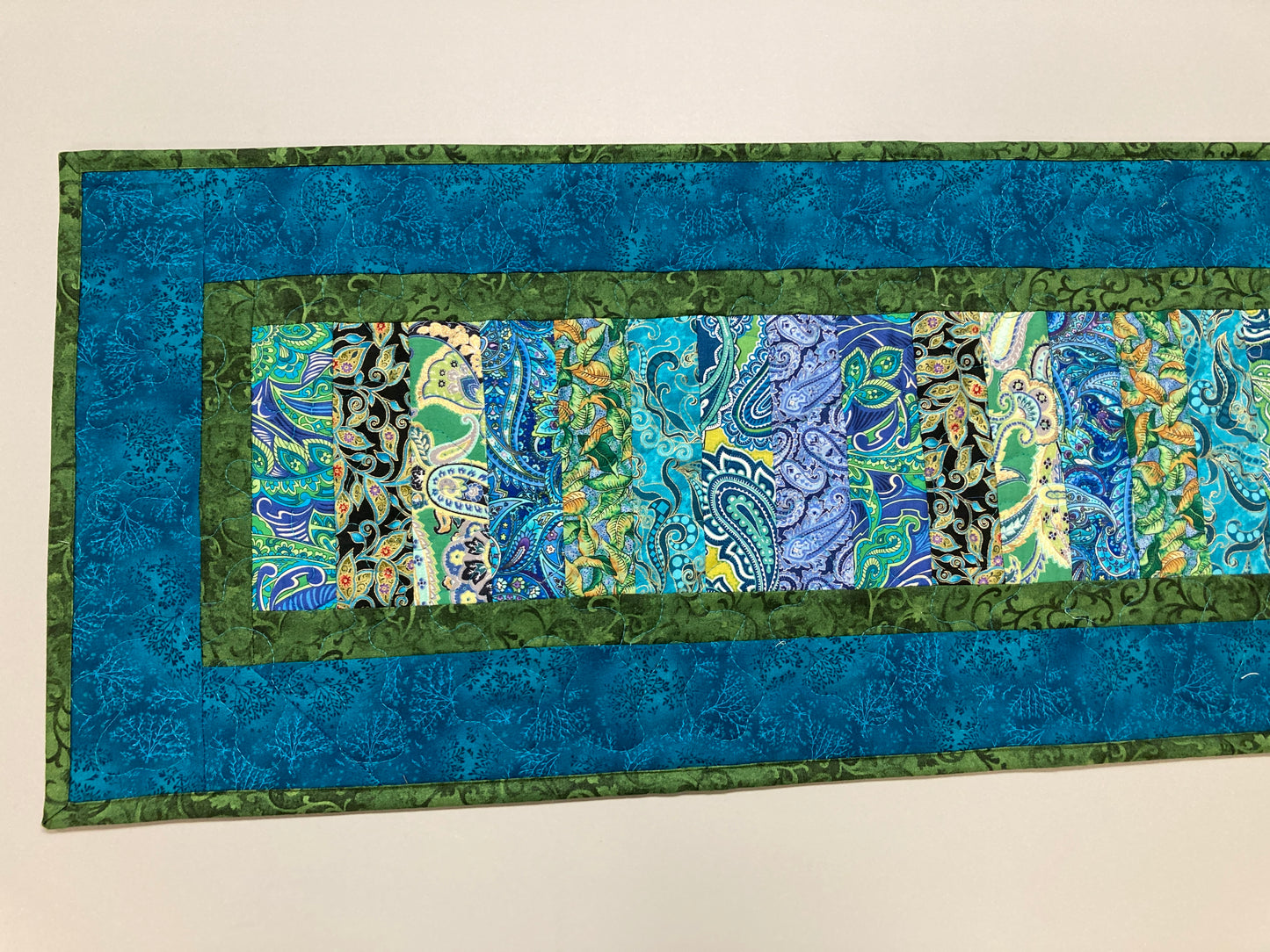 Quilted Table Runner, Blue Green Ocean Seaside Inspired 13x49" Reversible Washable, Dining Coffee Table Dresser, Everyday Handmade Abstract