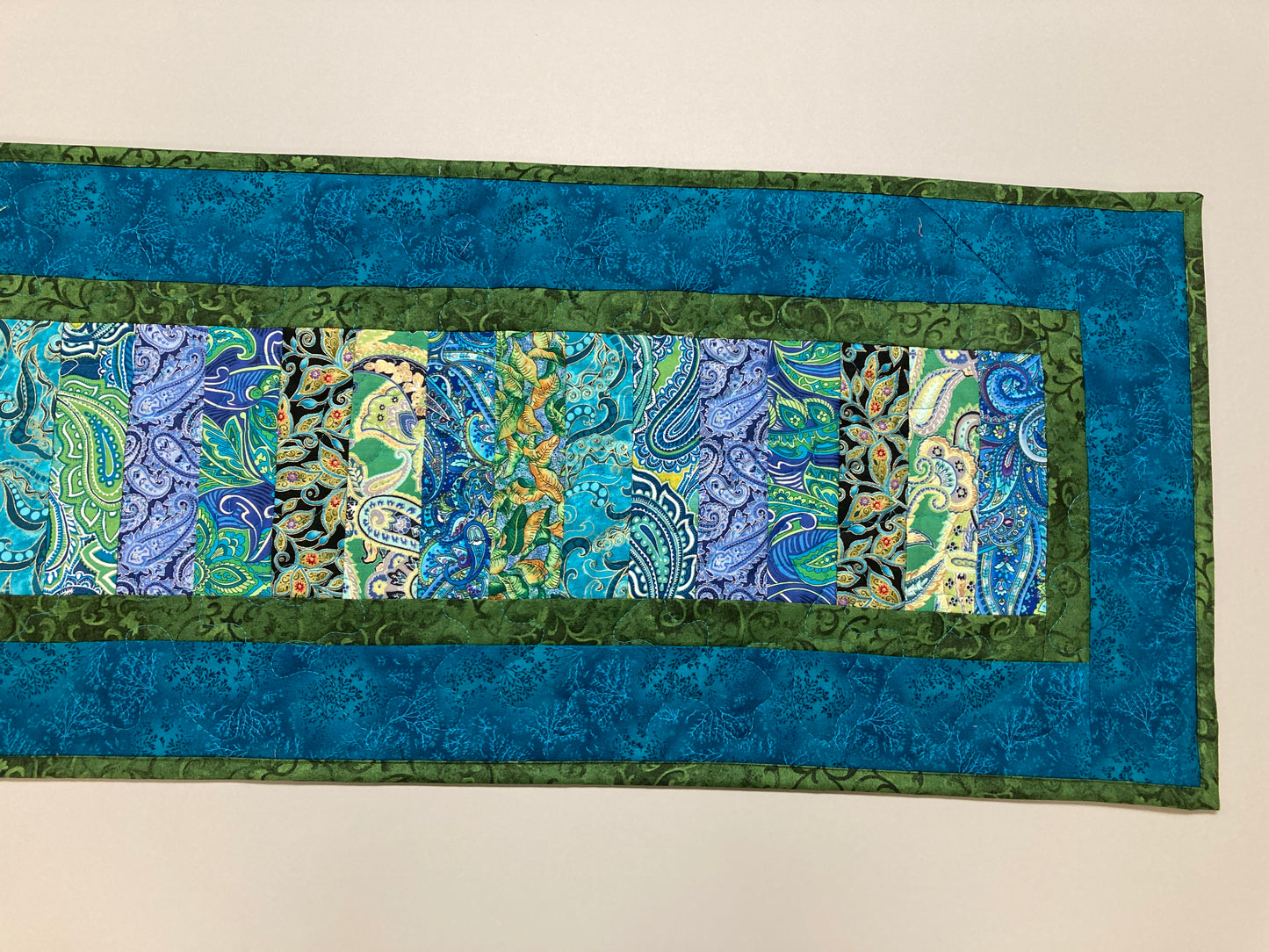 Quilted Table Runner, Blue Green Ocean Seaside Inspired 13x49" Reversible Washable, Dining Coffee Table Dresser, Everyday Handmade Abstract