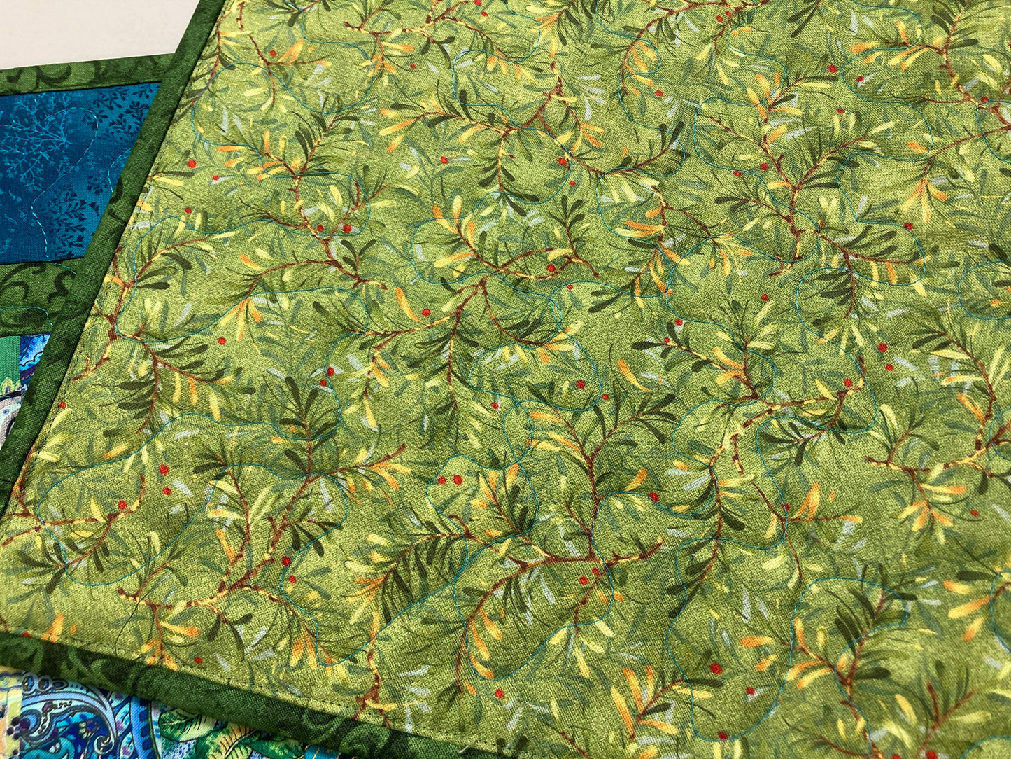 Quilted Table Runner, Blue Green Ocean Seaside Inspired 13x49" Reversible Washable, Dining Coffee Table Dresser, Everyday Handmade Abstract