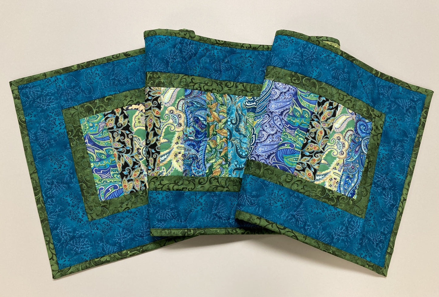 Quilted Table Runner, Blue Green Ocean Seaside Inspired 13x49" Reversible Washable, Dining Coffee Table Dresser, Everyday Handmade Abstract