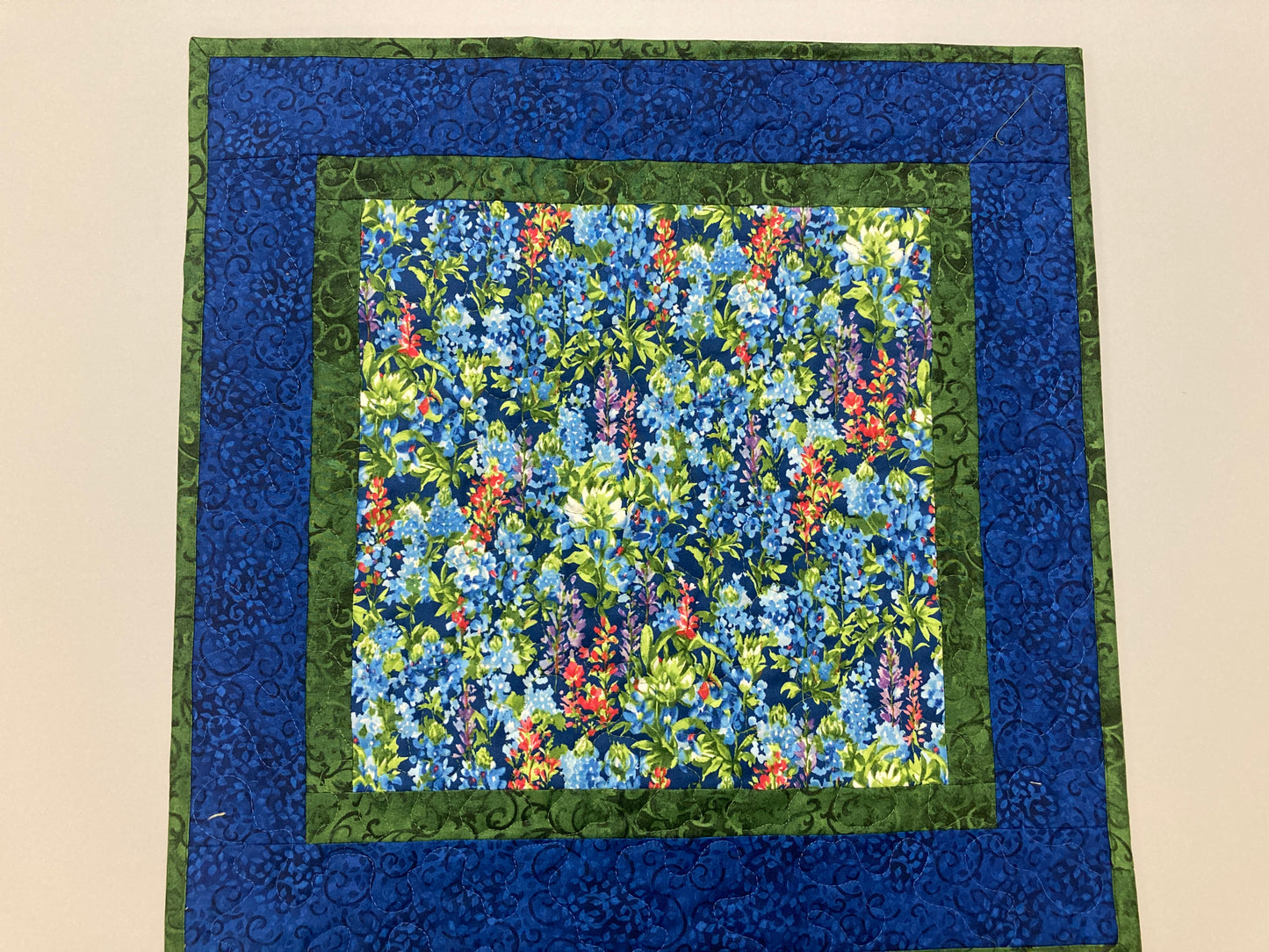 Summer Blue Bonnets Purple Red Wildflowers Quilted Table Topper, 20x20", Dining Room Coffee Table Runner, Garden Floral Everyday Reversible