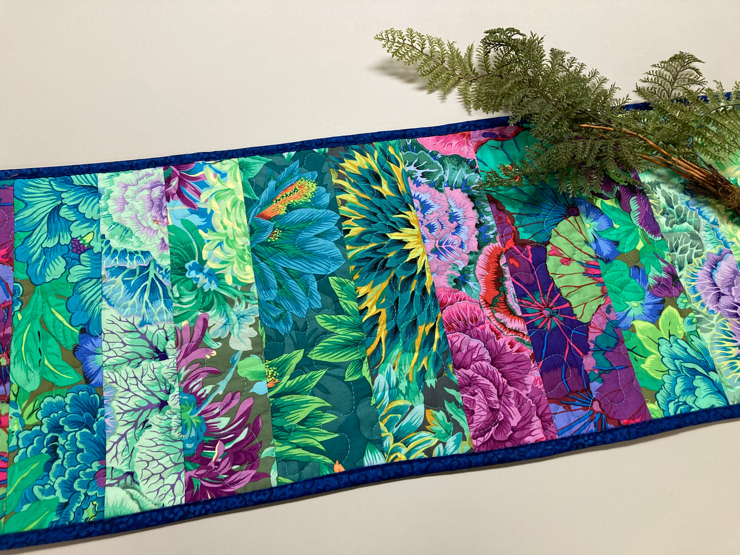Kaffe Fassett Teal Pink Purple Green Quilted Table Runner Summer Decor, Reversible 13x52”, Dining Room Coffee Table Dresser Scarf