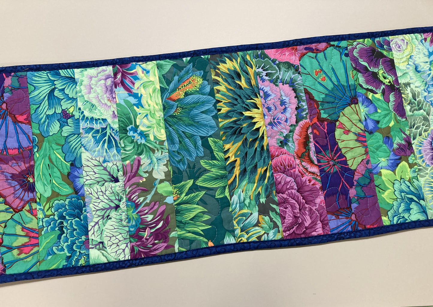 Kaffe Fassett Teal Pink Purple Green Quilted Table Runner Summer Decor, Reversible 13x52”, Dining Room Coffee Table Dresser Scarf