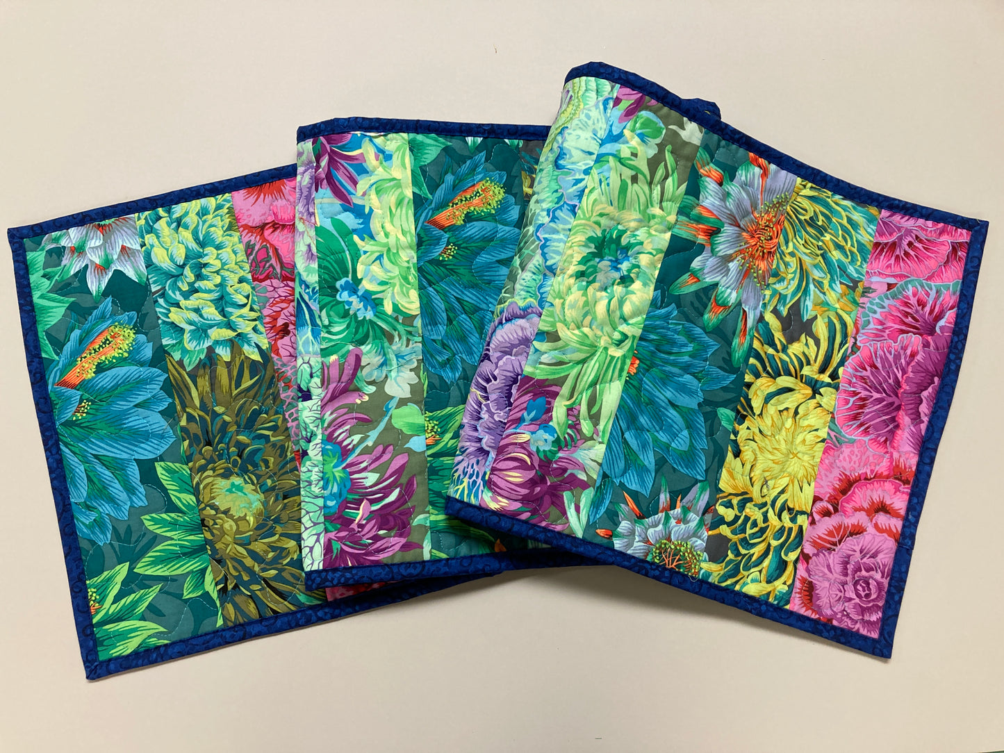 Kaffe Fassett Teal Pink Purple Green Quilted Table Runner Summer Decor, Reversible 13x52”, Dining Room Coffee Table Dresser Scarf