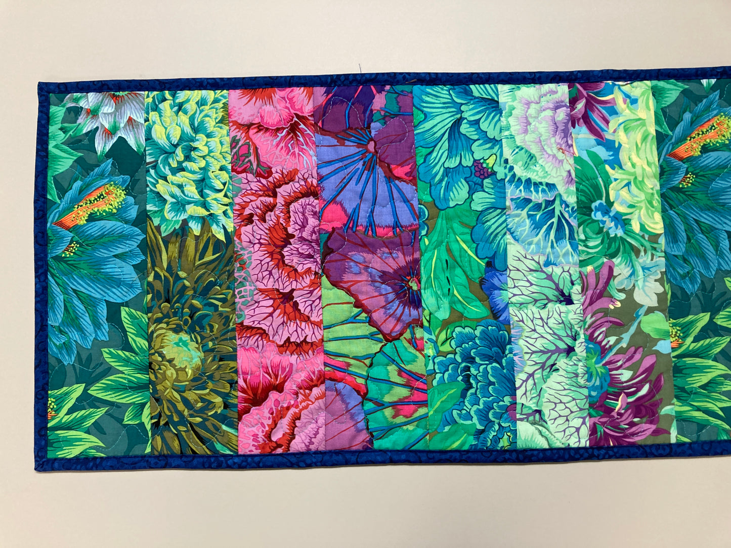 Kaffe Fassett Teal Pink Purple Green Quilted Table Runner Summer Decor, Reversible 13x52”, Dining Room Coffee Table Dresser Scarf
