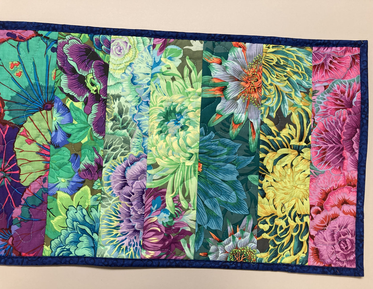 Kaffe Fassett Teal Pink Purple Green Quilted Table Runner Summer Decor, Reversible 13x52”, Dining Room Coffee Table Dresser Scarf