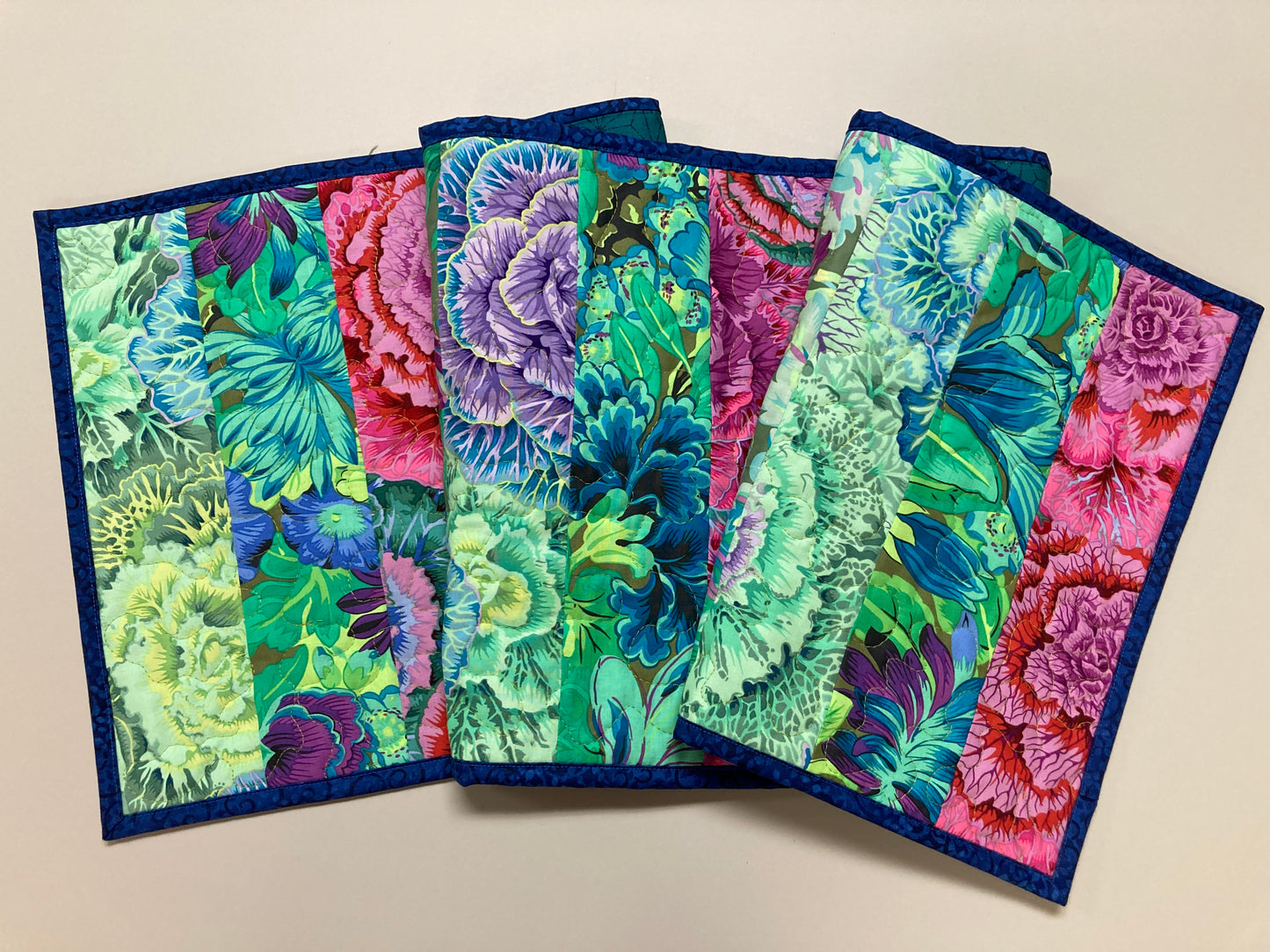 Kaffe Fassett Pink Purple Green Quilted Table Runner Summer Decor, Reversible 13x50”, Dining Room Coffee Table Dresser Scarf, Bright Bold