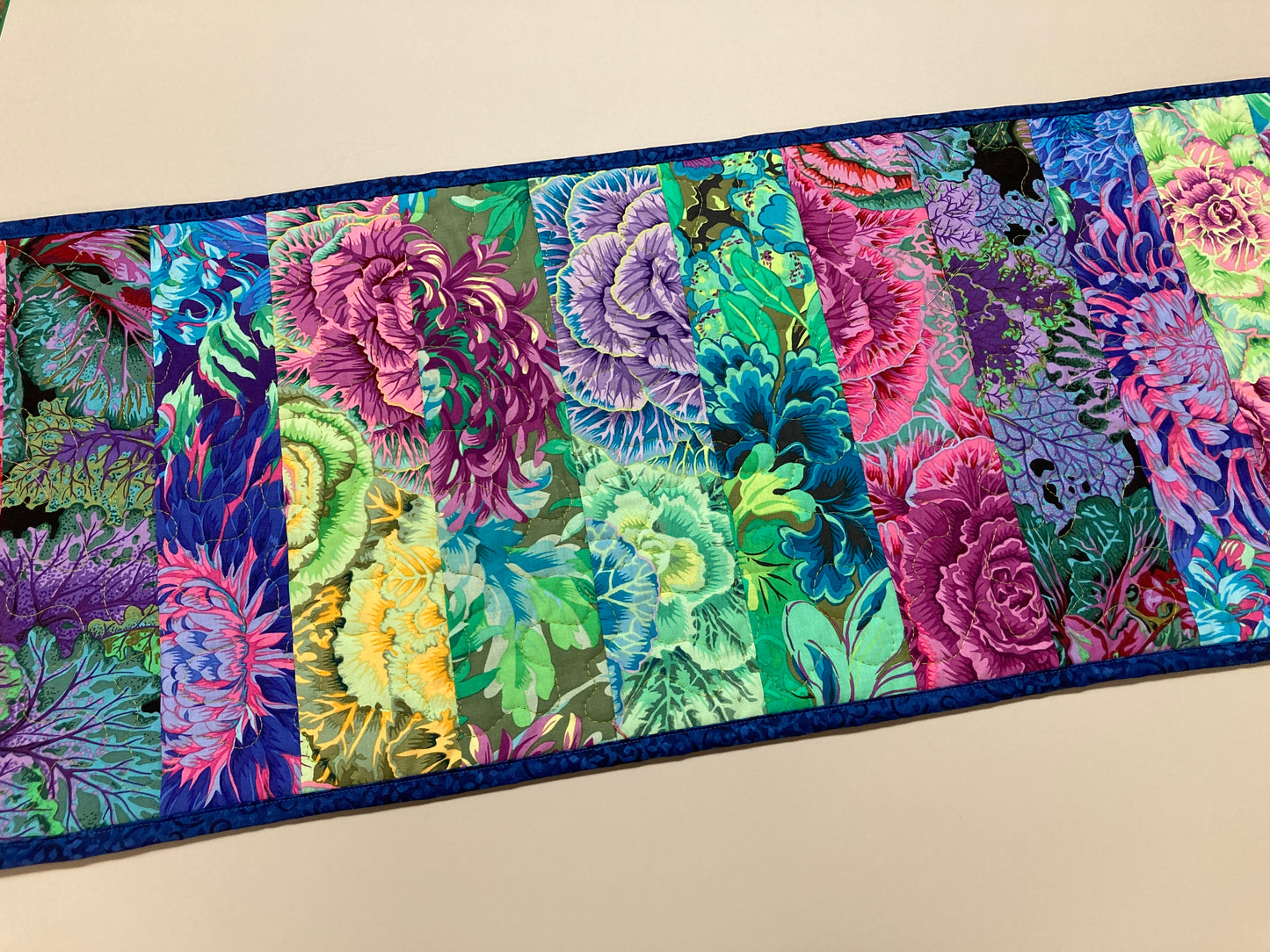 Kaffe Fassett Pink Purple Green Quilted Table Runner Summer Decor, Reversible 13x50”, Dining Room Coffee Table Dresser Scarf, Bright Bold