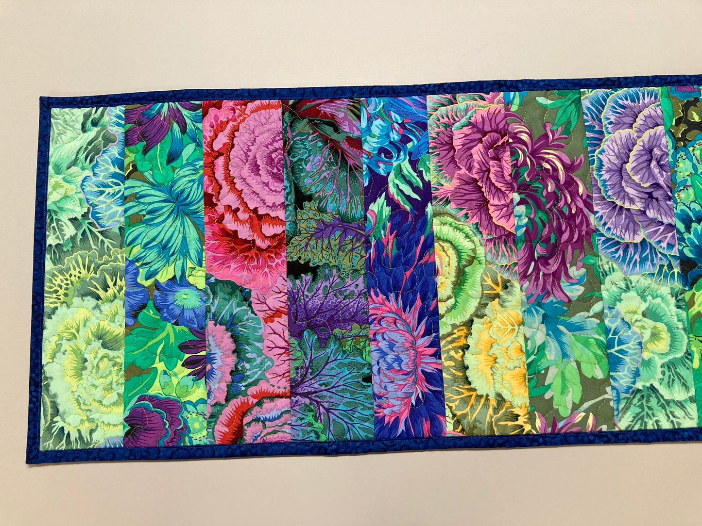 Kaffe Fassett Pink Purple Green Quilted Table Runner Summer Decor, Reversible 13x50”, Dining Room Coffee Table Dresser Scarf, Bright Bold