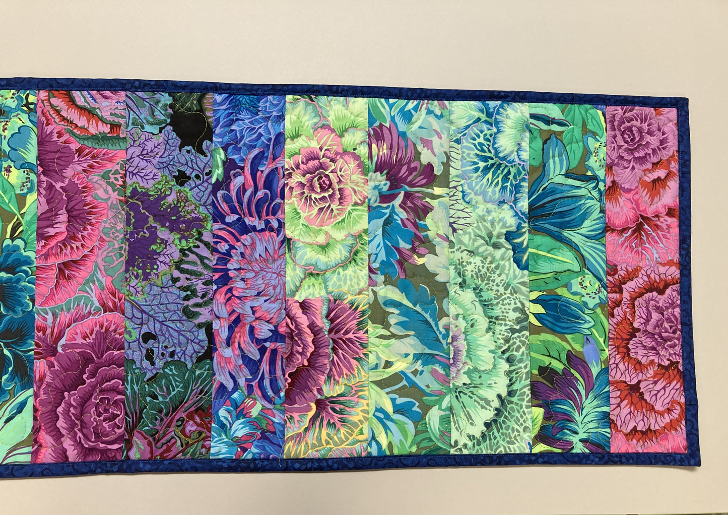 Kaffe Fassett Pink Purple Green Quilted Table Runner Summer Decor, Reversible 13x50”, Dining Room Coffee Table Dresser Scarf, Bright Bold