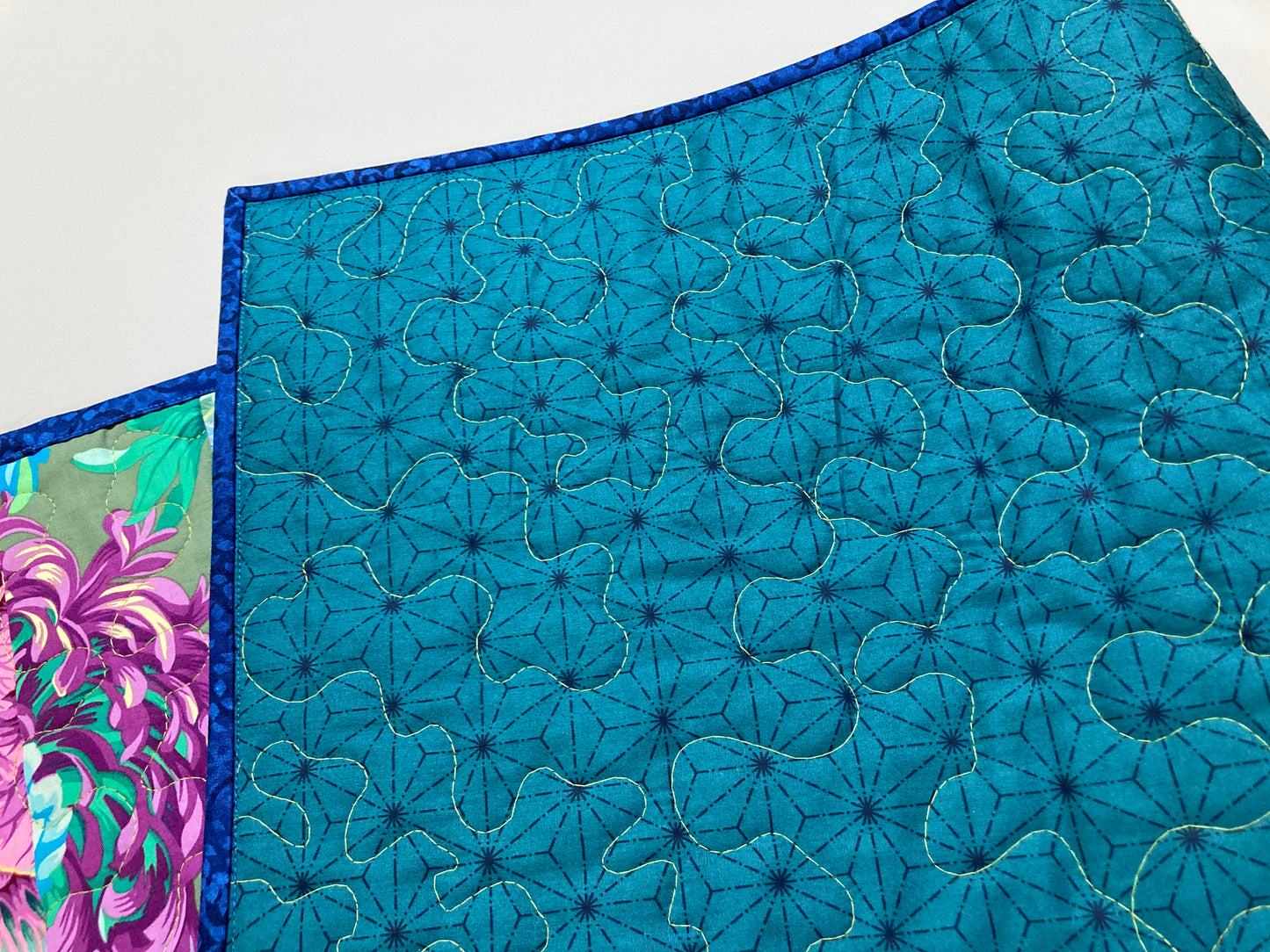 Kaffe Fassett Pink Purple Green Quilted Table Runner Summer Decor, Reversible 13x50”, Dining Room Coffee Table Dresser Scarf, Bright Bold