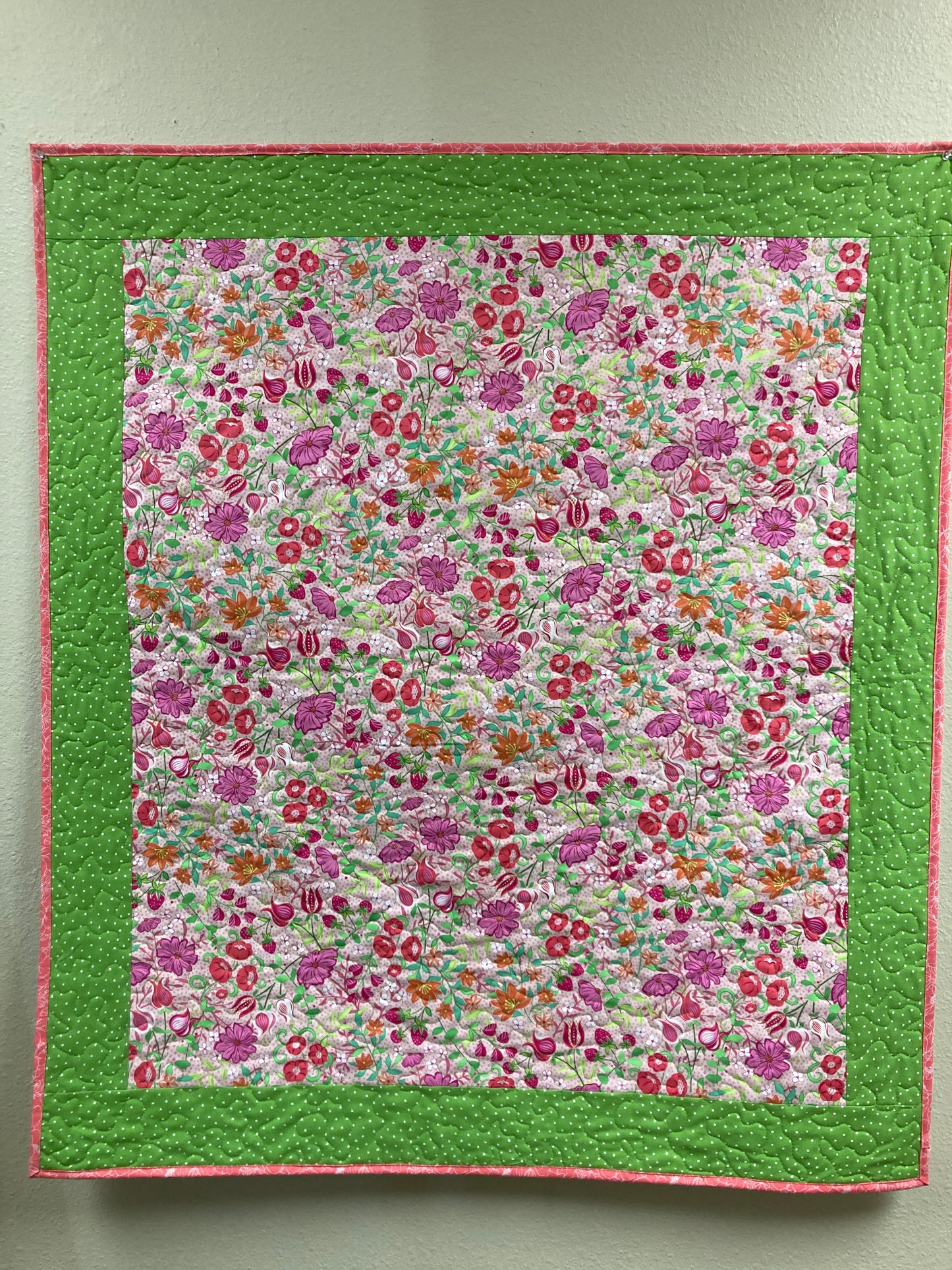 Baby Girl Soft Pastel Pink Strawberries and Flowers Large Crib Quilt, 40x44", Shower Gift Toddler Throw, Car Seat Blanket Cotton Washable
