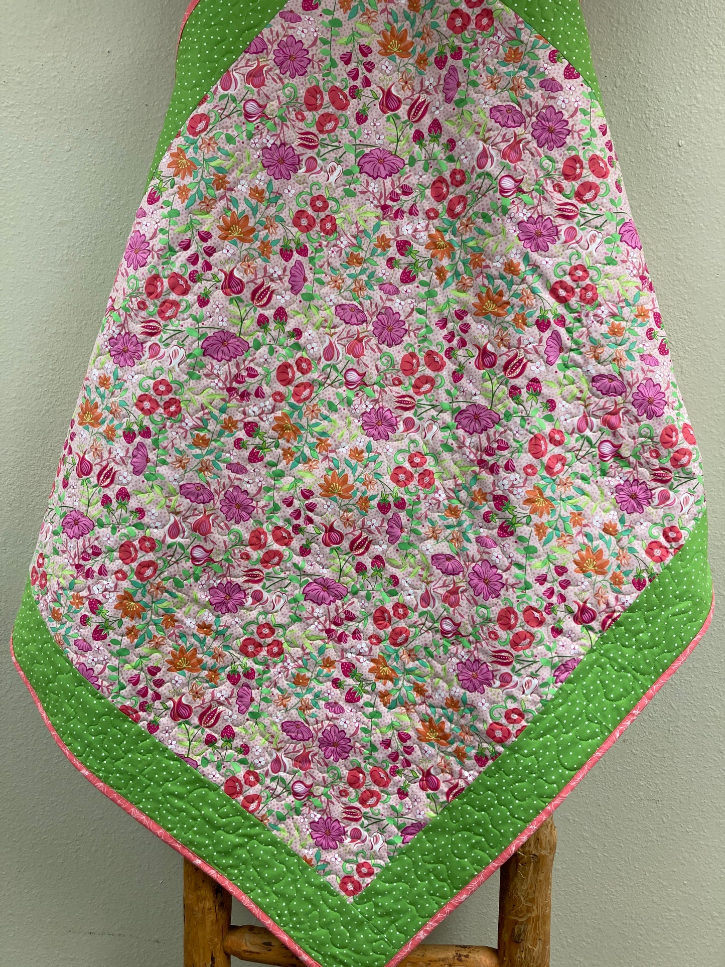 Baby Girl Soft Pastel Pink Strawberries and Flowers Large Crib Quilt, 40x44", Shower Gift Toddler Throw, Car Seat Blanket Cotton Washable