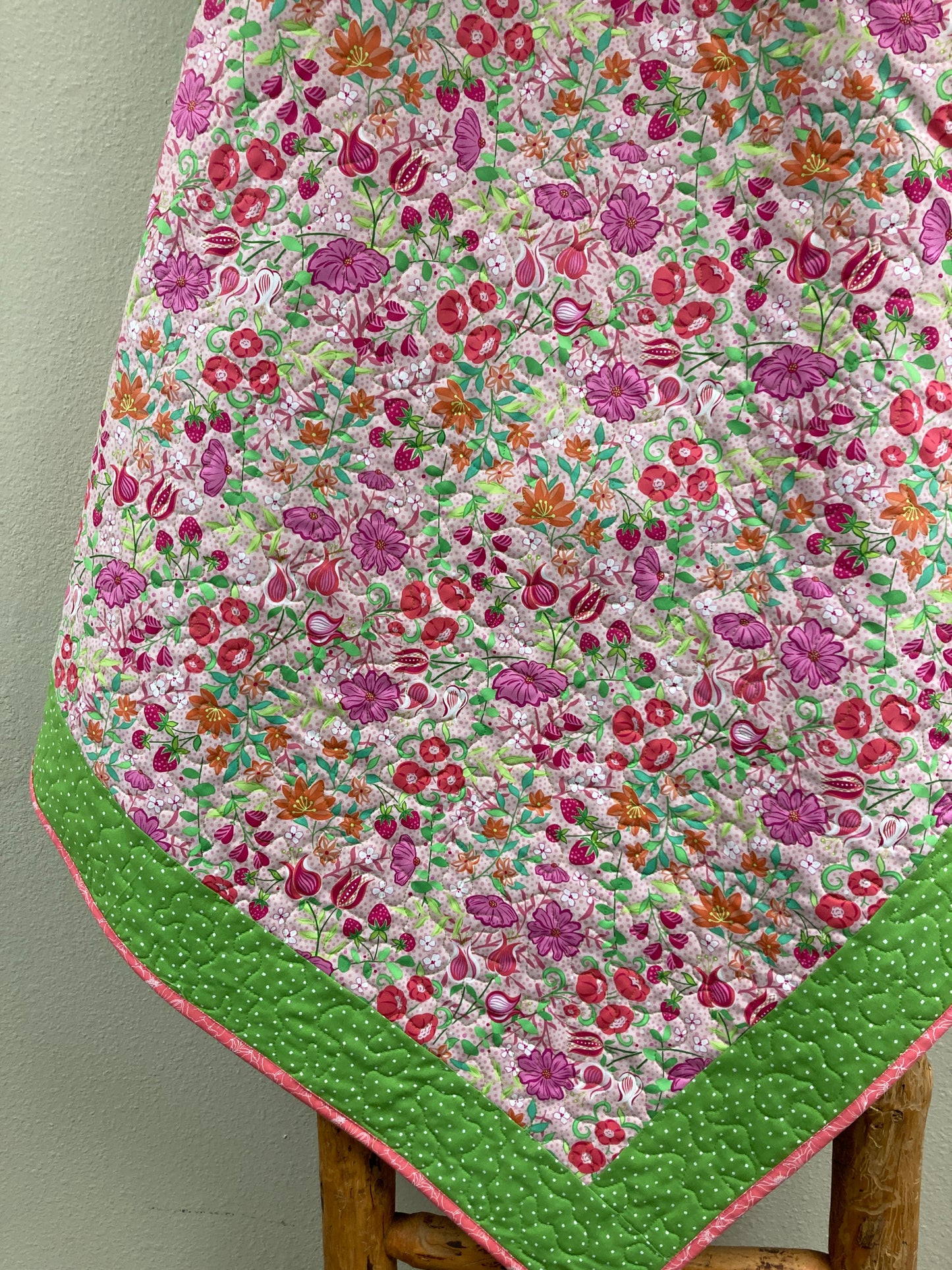 Baby Girl Soft Pastel Pink Strawberries and Flowers Large Crib Quilt, 40x44", Shower Gift Toddler Throw, Car Seat Blanket Cotton Washable