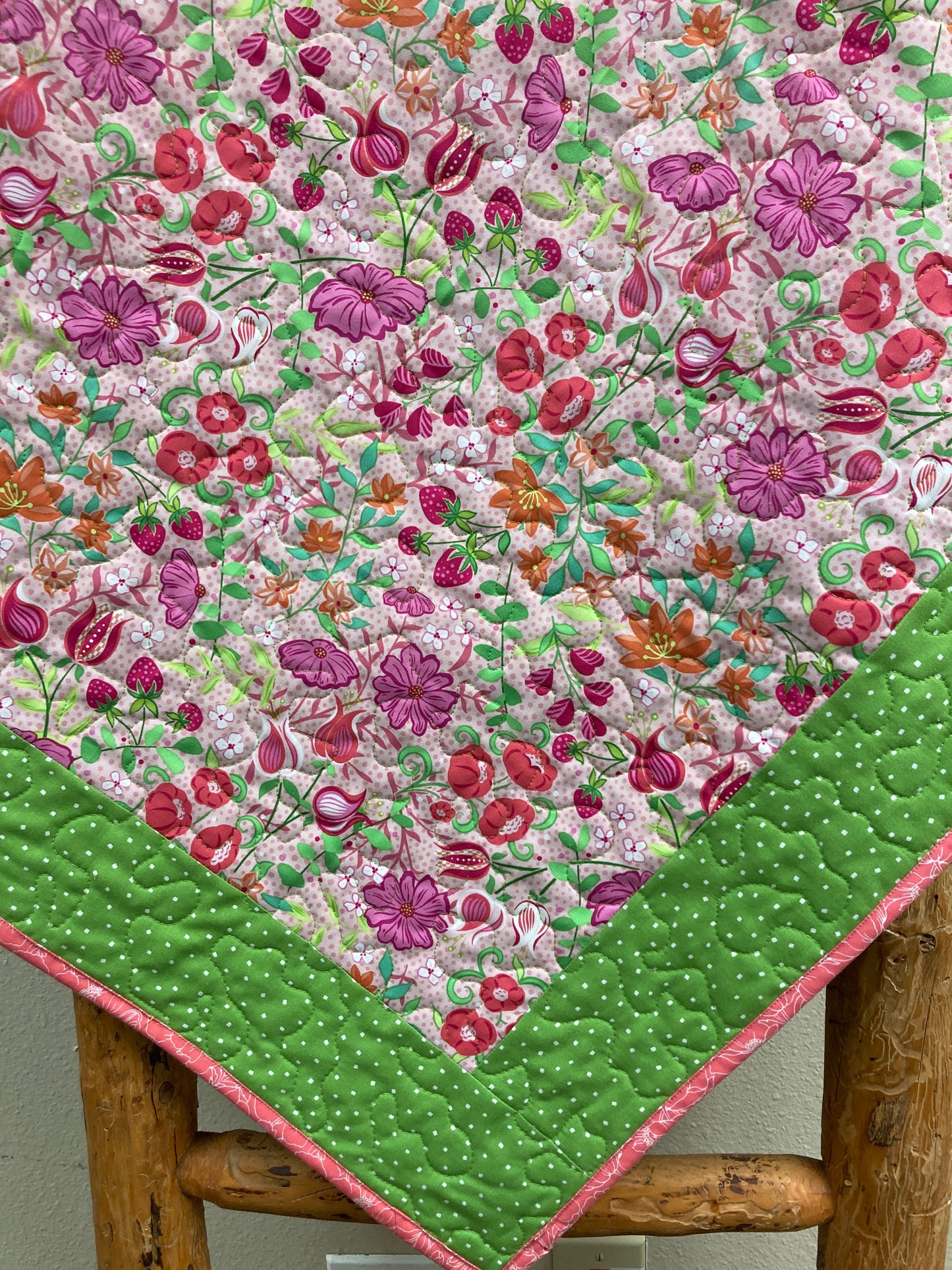 Baby Girl Soft Pastel Pink Strawberries and Flowers Large Crib Quilt, 40x44", Shower Gift Toddler Throw, Car Seat Blanket Cotton Washable