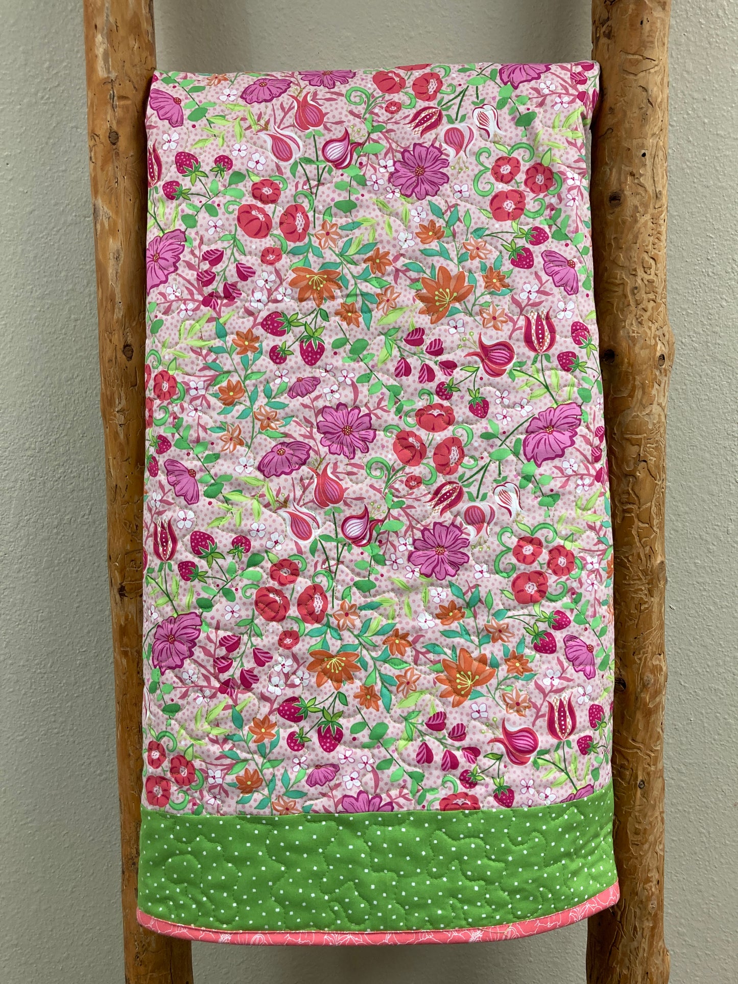 Baby Girl Soft Pastel Pink Strawberries and Flowers Large Crib Quilt, 40x44", Shower Gift Toddler Throw, Car Seat Blanket Cotton Washable