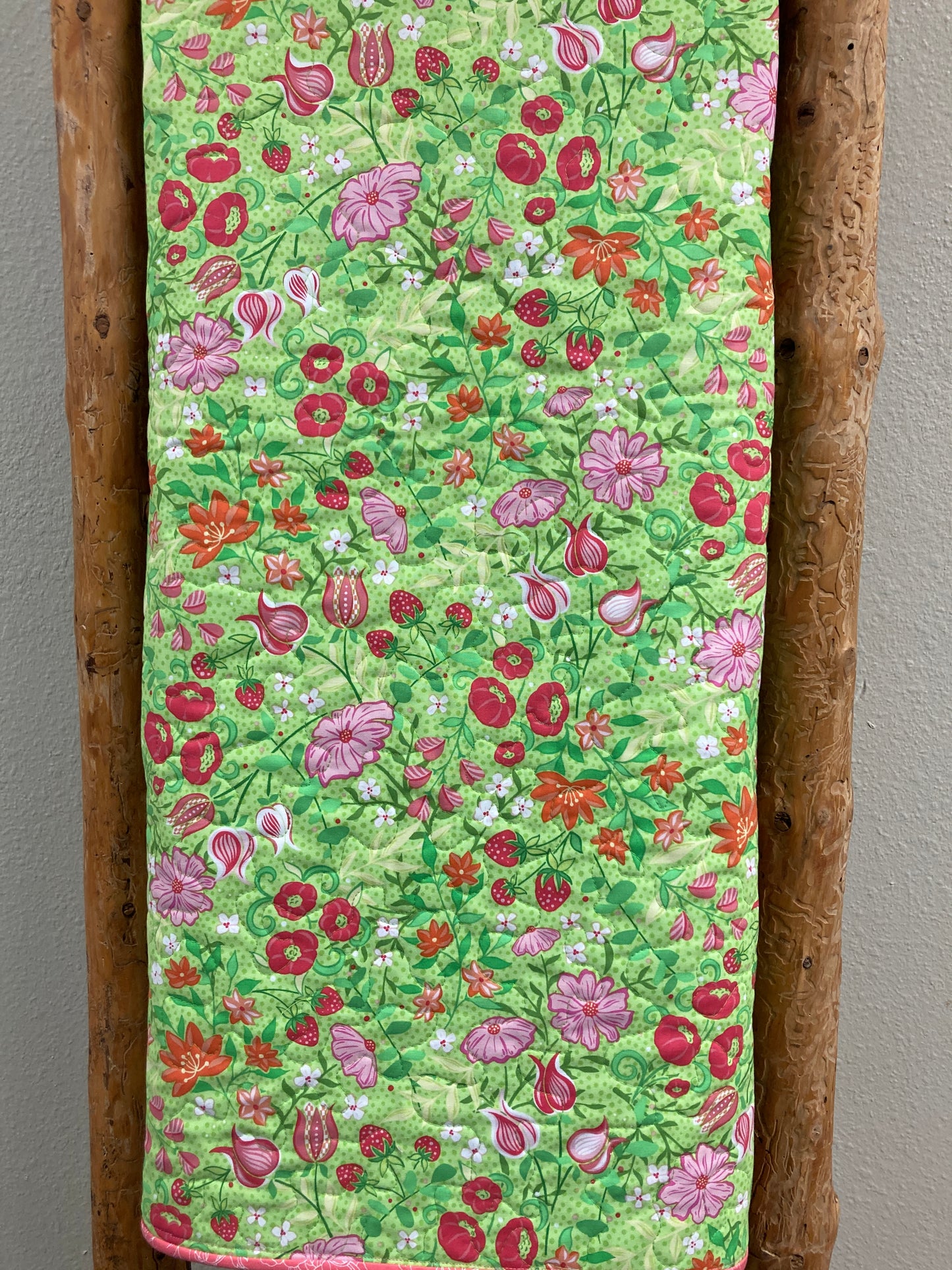 Baby Girl Soft Pastel Pink Strawberries and Flowers Large Crib Quilt, 40x44", Shower Gift Toddler Throw, Car Seat Blanket Cotton Washable