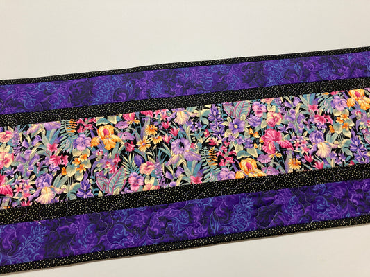 Purple Pink Yellow Iris Garden Flowers Quilted Table Runner for Dining or Coffee Table, Summer 13x48", Dresser Scarf Spring Handmade