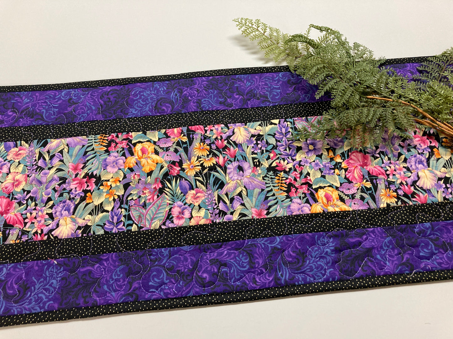 Purple Pink Yellow Iris Garden Flowers Quilted Table Runner for Dining or Coffee Table, Summer 13x48", Dresser Scarf Spring Handmade