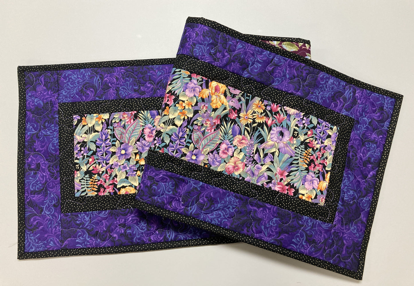 Purple Pink Yellow Iris Garden Flowers Quilted Table Runner for Dining or Coffee Table, Summer 13x48", Dresser Scarf Spring Handmade