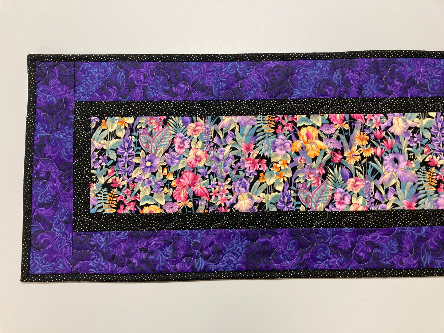 Purple Pink Yellow Iris Garden Flowers Quilted Table Runner for Dining or Coffee Table, Summer 13x48", Dresser Scarf Spring Handmade