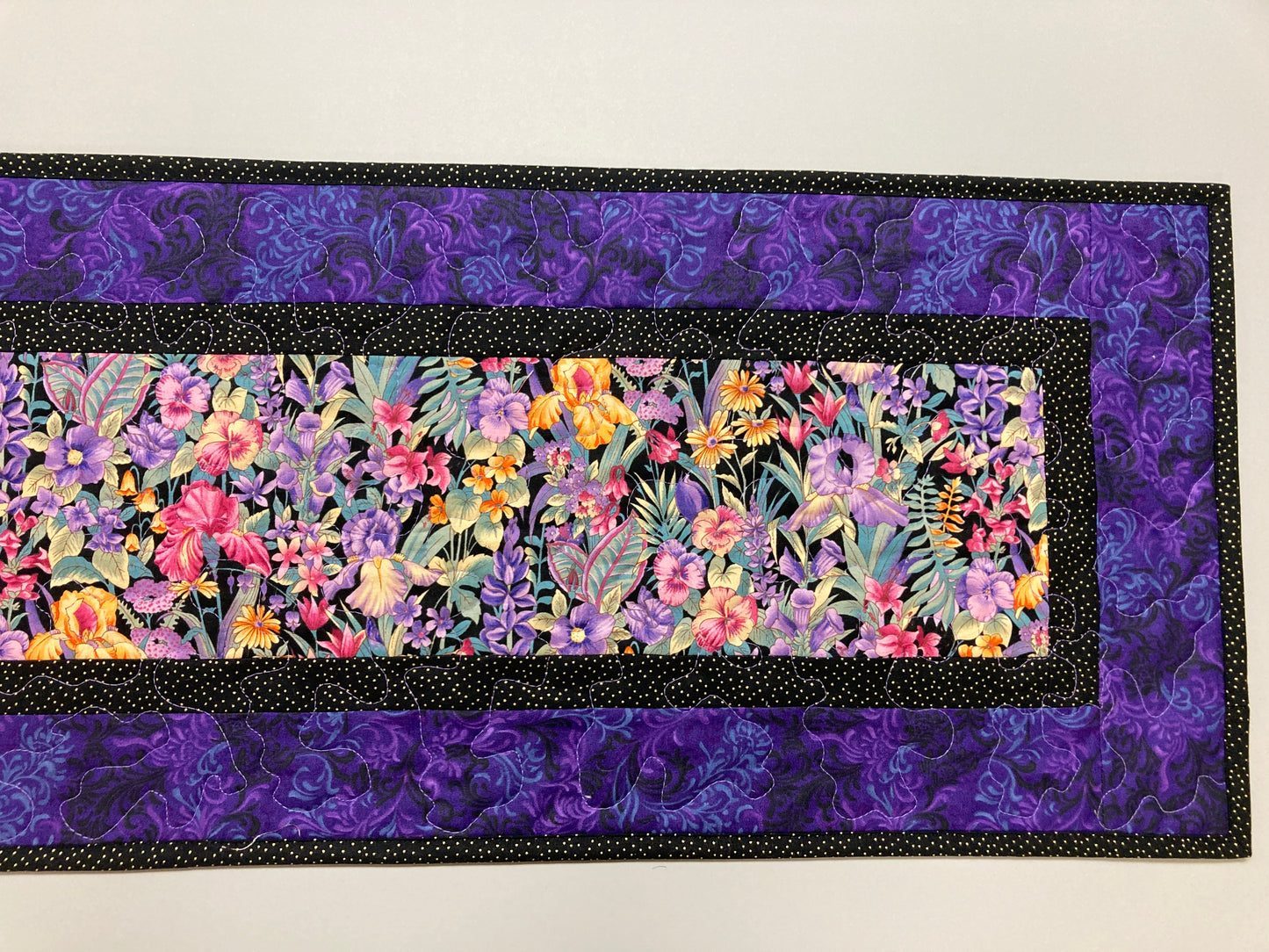 Purple Pink Yellow Iris Garden Flowers Quilted Table Runner for Dining or Coffee Table, Summer 13x48", Dresser Scarf Spring Handmade