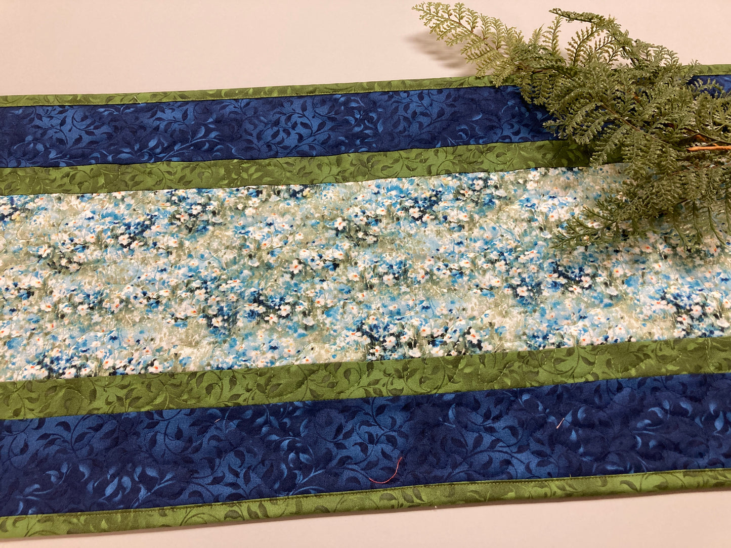 Field of Blue Meadow Flowers Quilted Table Runner, 13x48" Dining Room Coffee Table Runner, Garden Floral Everyday Reversible Garden Handmade