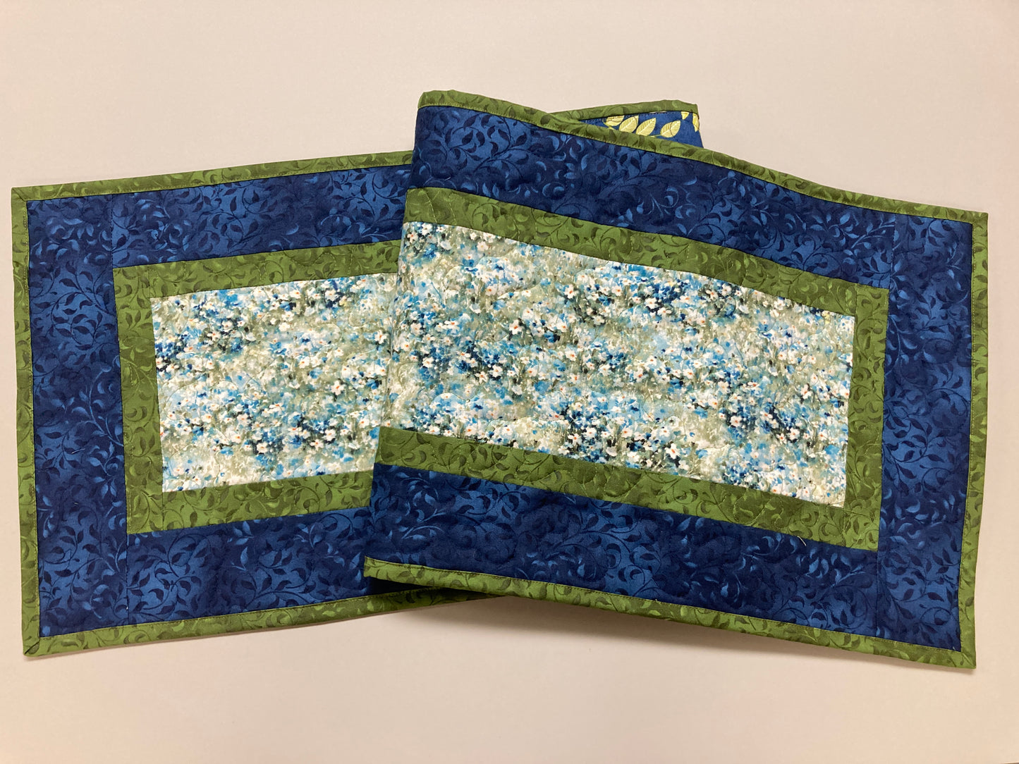 Field of Blue Meadow Flowers Quilted Table Runner, 13x48" Dining Room Coffee Table Runner, Garden Floral Everyday Reversible Garden Handmade