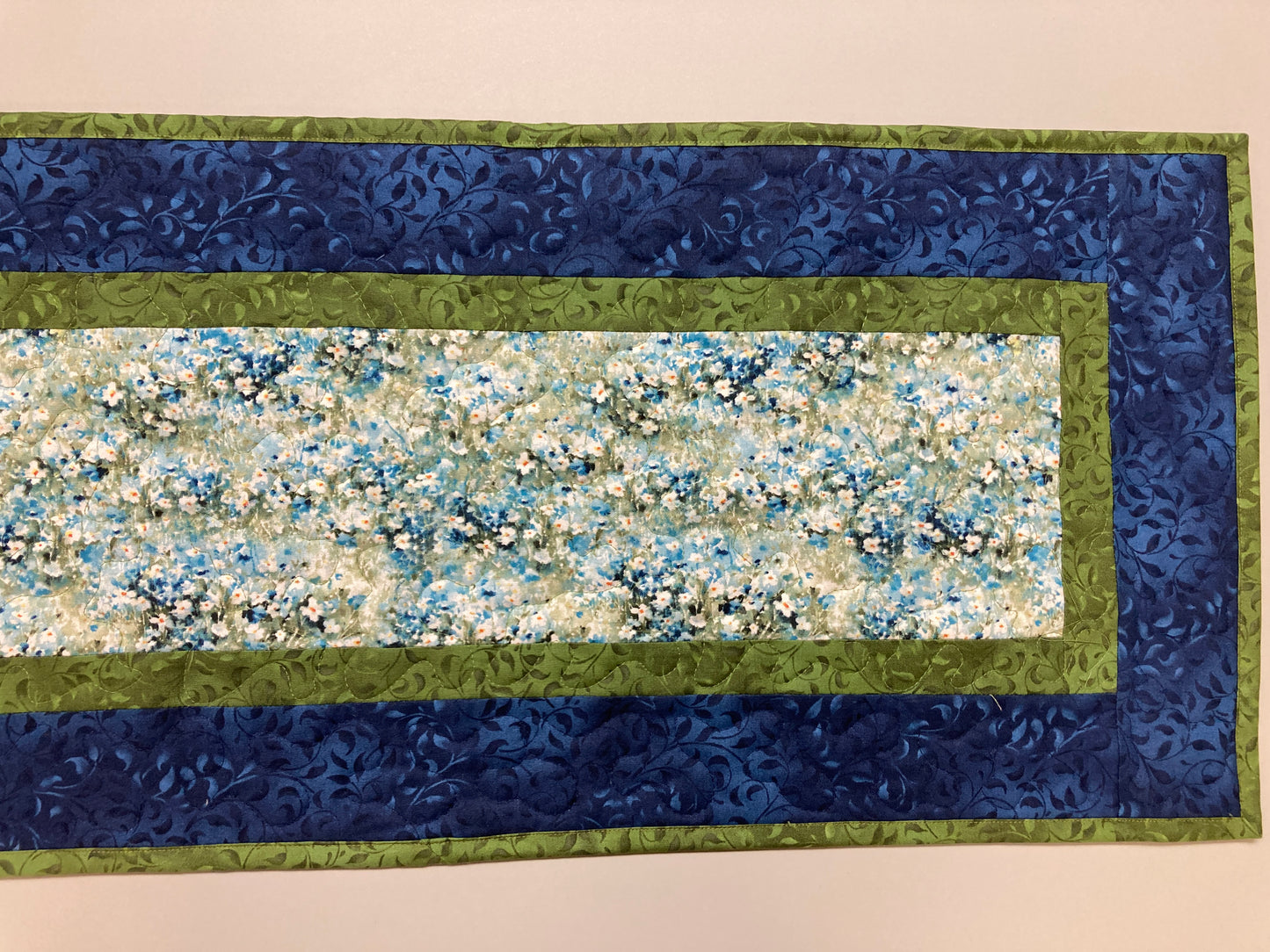 Field of Blue Meadow Flowers Quilted Table Runner, 13x48" Dining Room Coffee Table Runner, Garden Floral Everyday Reversible Garden Handmade