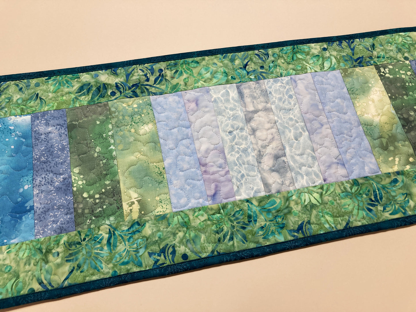 Summer Lake Water Blue Aqua Green Quilted Table Runner, 13x50 Seaside Coastal, Dining Room Coffee Table, Cabin Lakeside Handmade Tahoe Ocean