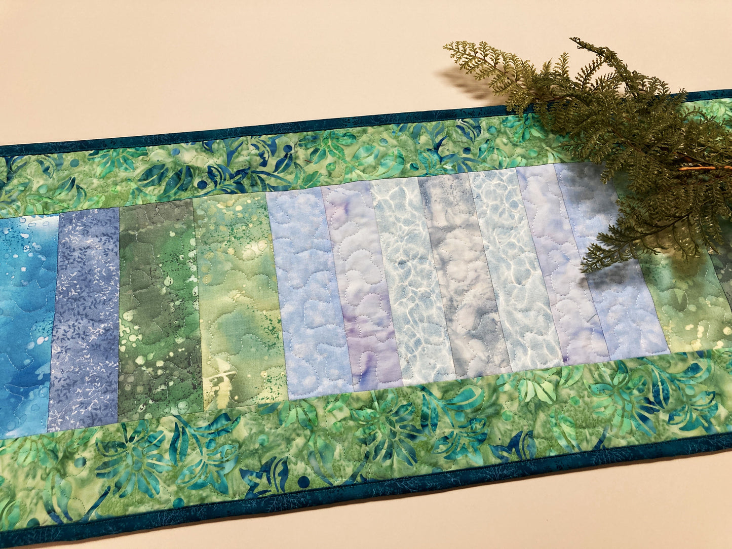 Summer Lake Water Blue Aqua Green Quilted Table Runner, 13x50 Seaside Coastal, Dining Room Coffee Table, Cabin Lakeside Handmade Tahoe Ocean