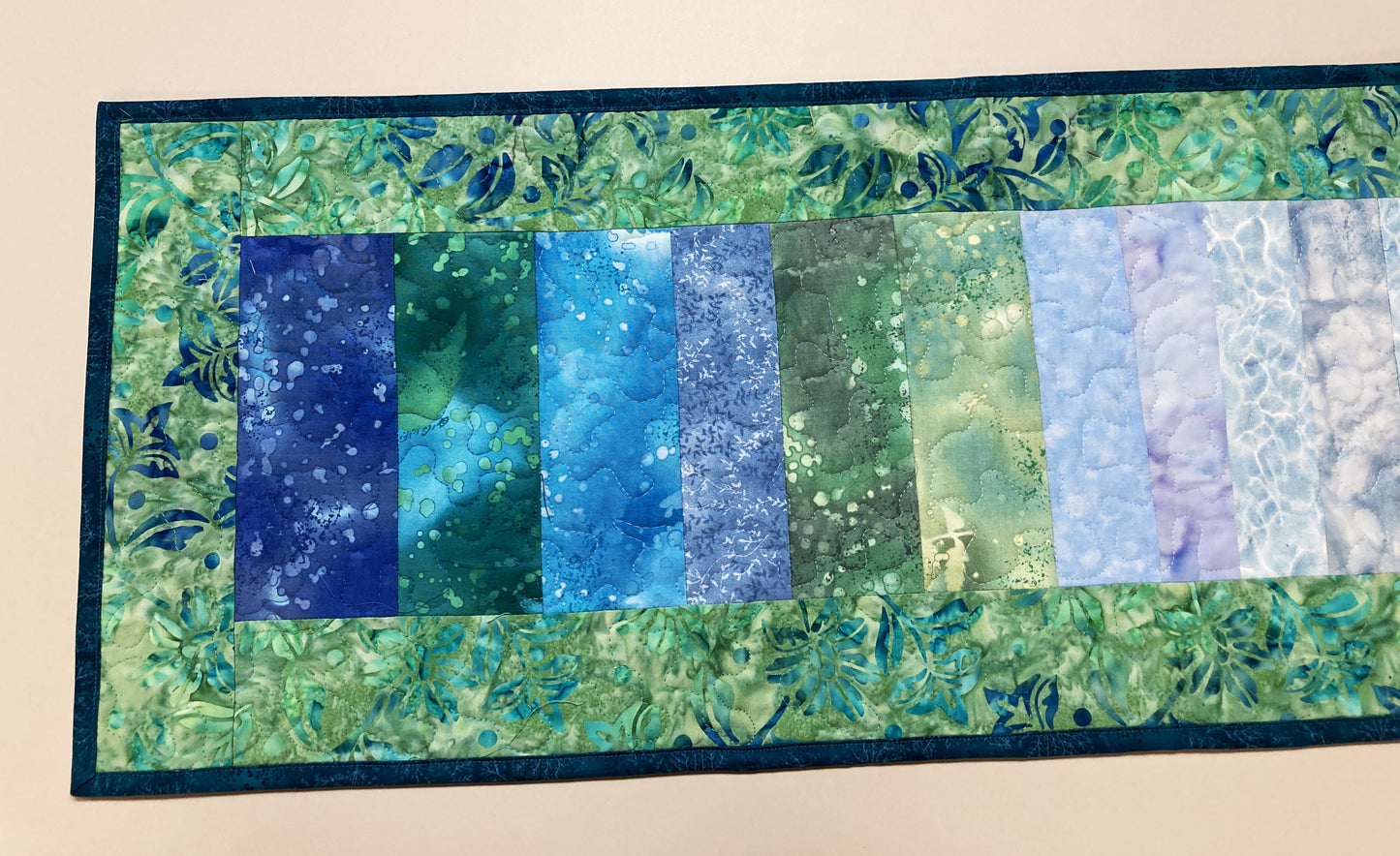 Summer Lake Water Blue Aqua Green Quilted Table Runner, 13x50 Seaside Coastal, Dining Room Coffee Table, Cabin Lakeside Handmade Tahoe Ocean