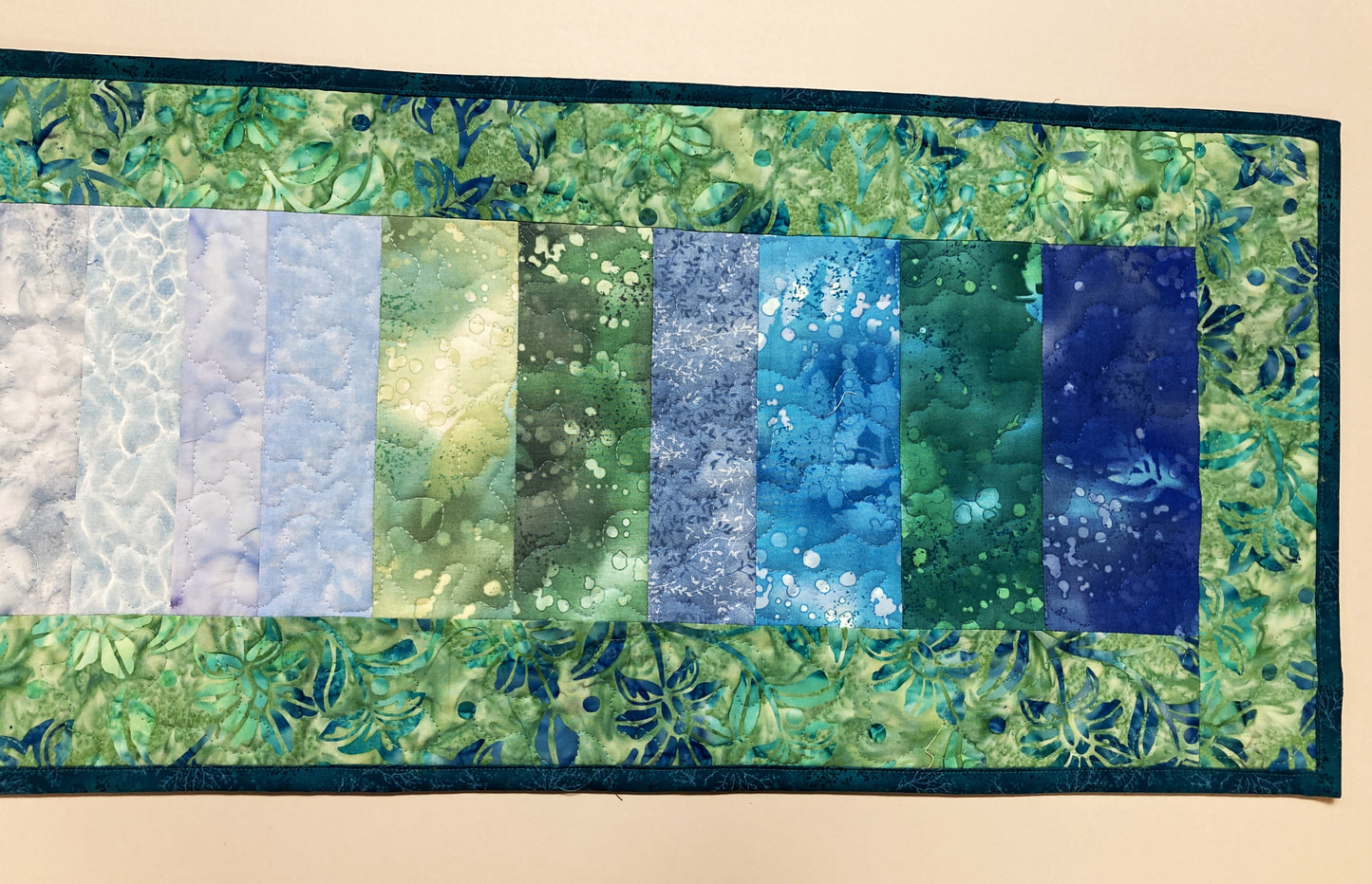 Summer Lake Water Blue Aqua Green Quilted Table Runner, 13x50 Seaside Coastal, Dining Room Coffee Table, Cabin Lakeside Handmade Tahoe Ocean