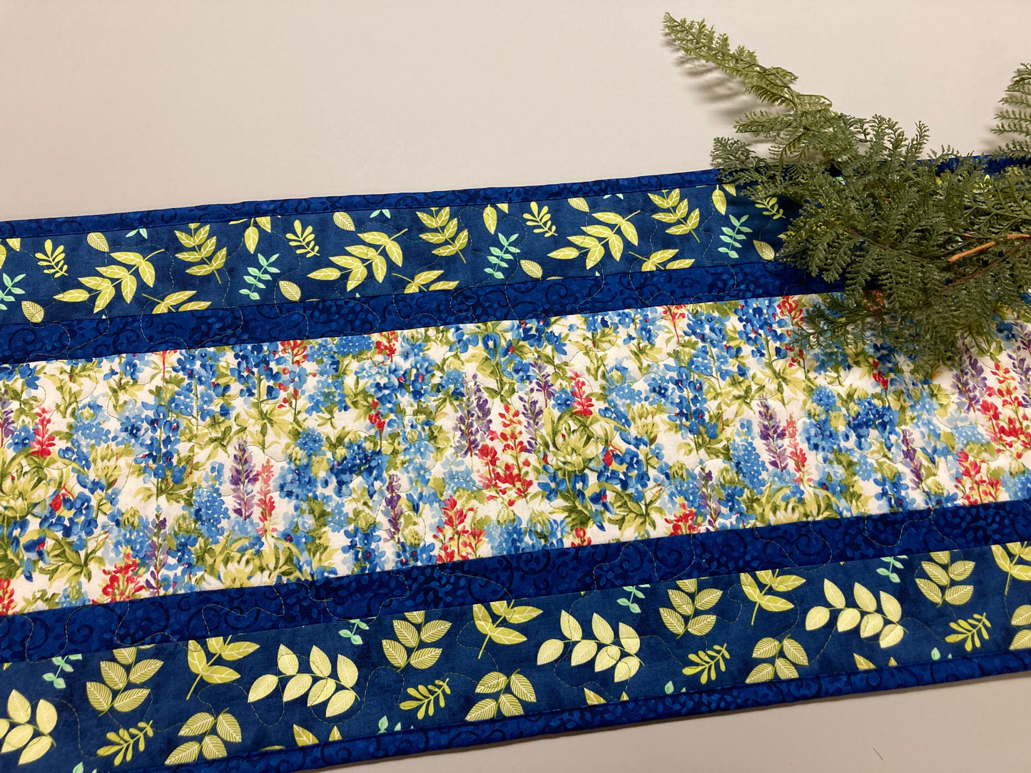 Garden Blue Bonnets Red Wildflowers Quilted Table Runner, 13x48" Dining Room Coffee Table Runner, Garden Floral Everyday Reversible Handmade