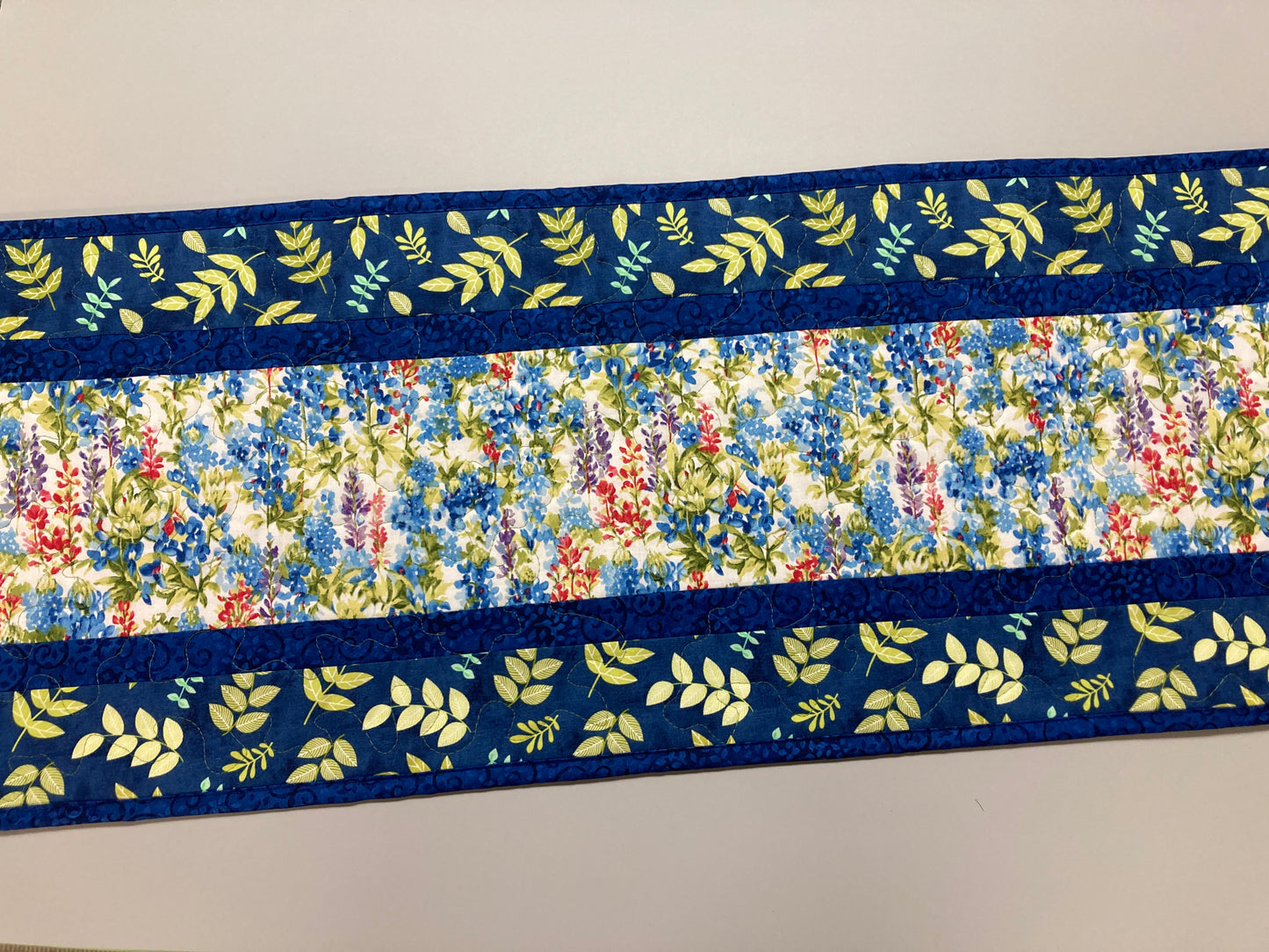 Garden Blue Bonnets Red Wildflowers Quilted Table Runner, 13x48" Dining Room Coffee Table Runner, Garden Floral Everyday Reversible Handmade