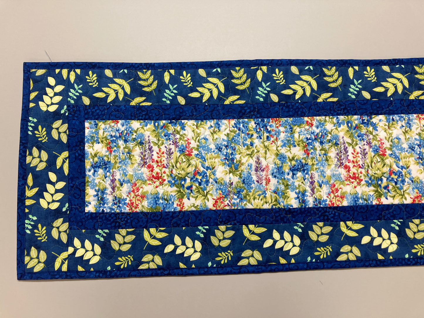 Garden Blue Bonnets Red Wildflowers Quilted Table Runner, 13x48" Dining Room Coffee Table Runner, Garden Floral Everyday Reversible Handmade