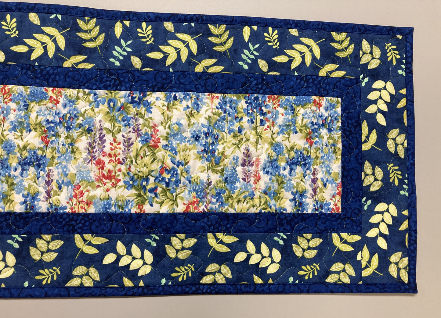 Garden Blue Bonnets Red Wildflowers Quilted Table Runner, 13x48" Dining Room Coffee Table Runner, Garden Floral Everyday Reversible Handmade