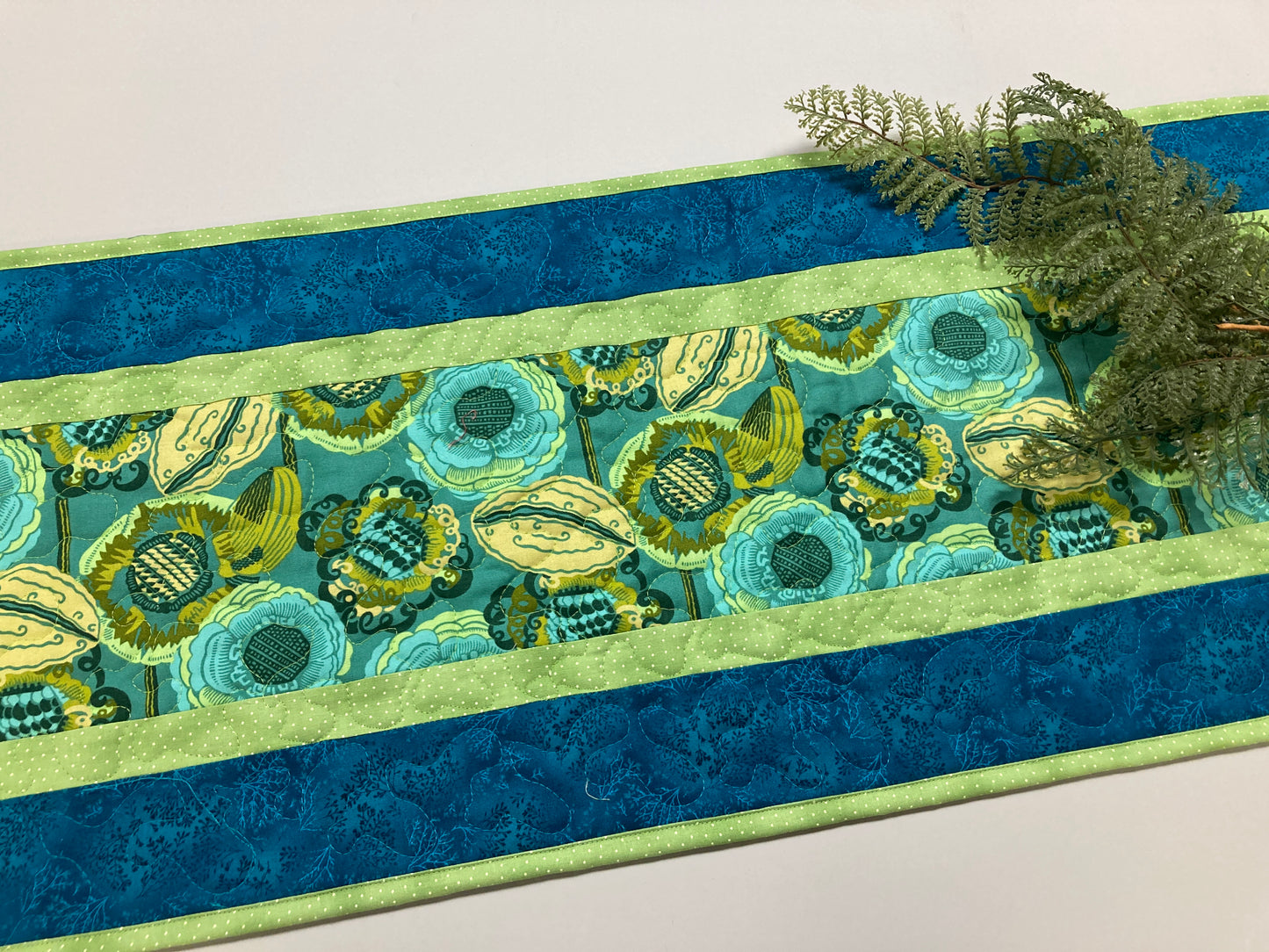Retro Modern Blue Green Flower Garden Quilting Dining Coffee Table Runner, 13x48" Reversible, Bright Bold Abstract Everyday Summer Handmade