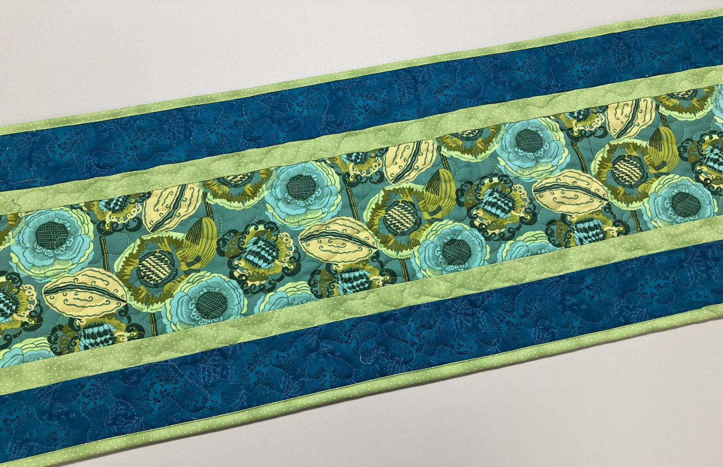 Retro Modern Blue Green Flower Garden Quilting Dining Coffee Table Runner, 13x48" Reversible, Bright Bold Abstract Everyday Summer Handmade