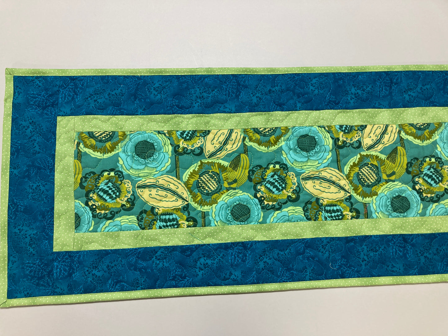 Retro Modern Blue Green Flower Garden Quilting Dining Coffee Table Runner, 13x48" Reversible, Bright Bold Abstract Everyday Summer Handmade