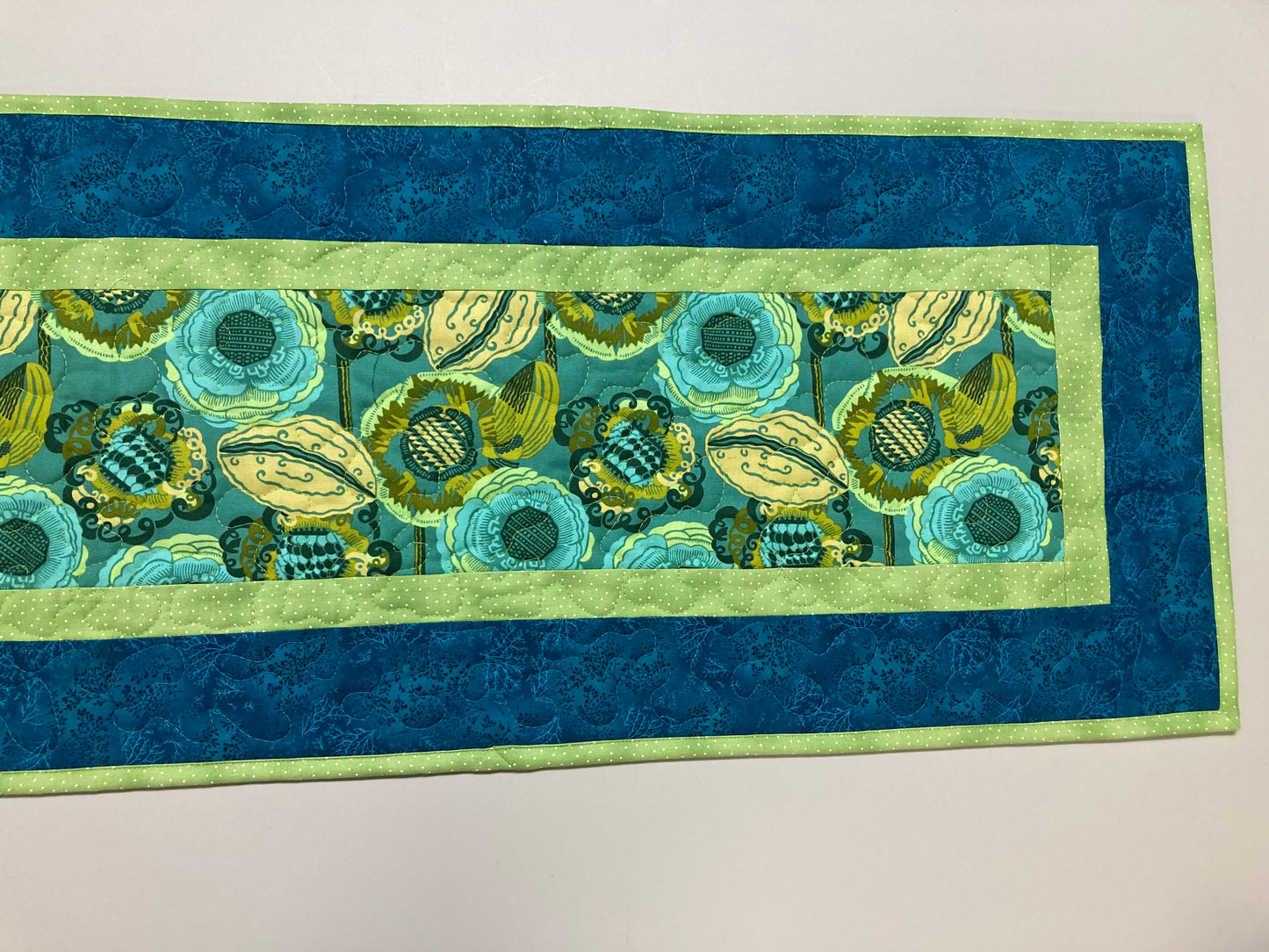 Retro Modern Blue Green Flower Garden Quilting Dining Coffee Table Runner, 13x48" Reversible, Bright Bold Abstract Everyday Summer Handmade