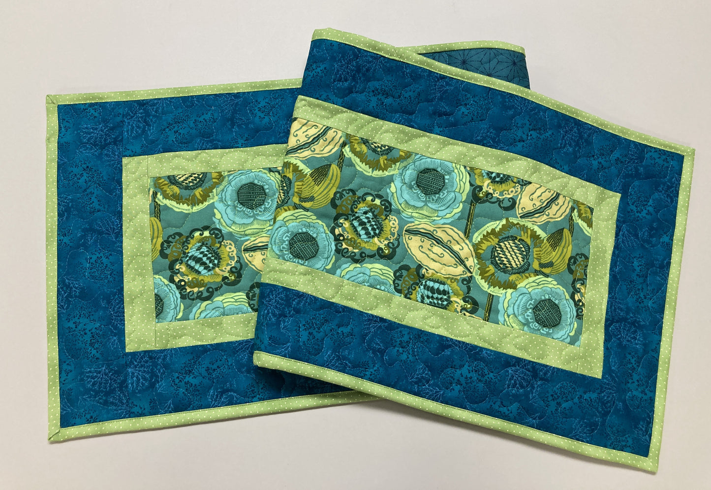 Retro Modern Blue Green Flower Garden Quilting Dining Coffee Table Runner, 13x48" Reversible, Bright Bold Abstract Everyday Summer Handmade