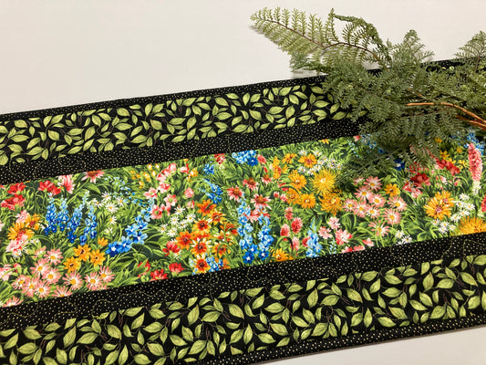 Wildflower Summer Quilted Table Runner, 13x48" Yellow Red Blue Flowers, Dining Room Coffee Table Runner, Garden Floral Everyday Reversible
