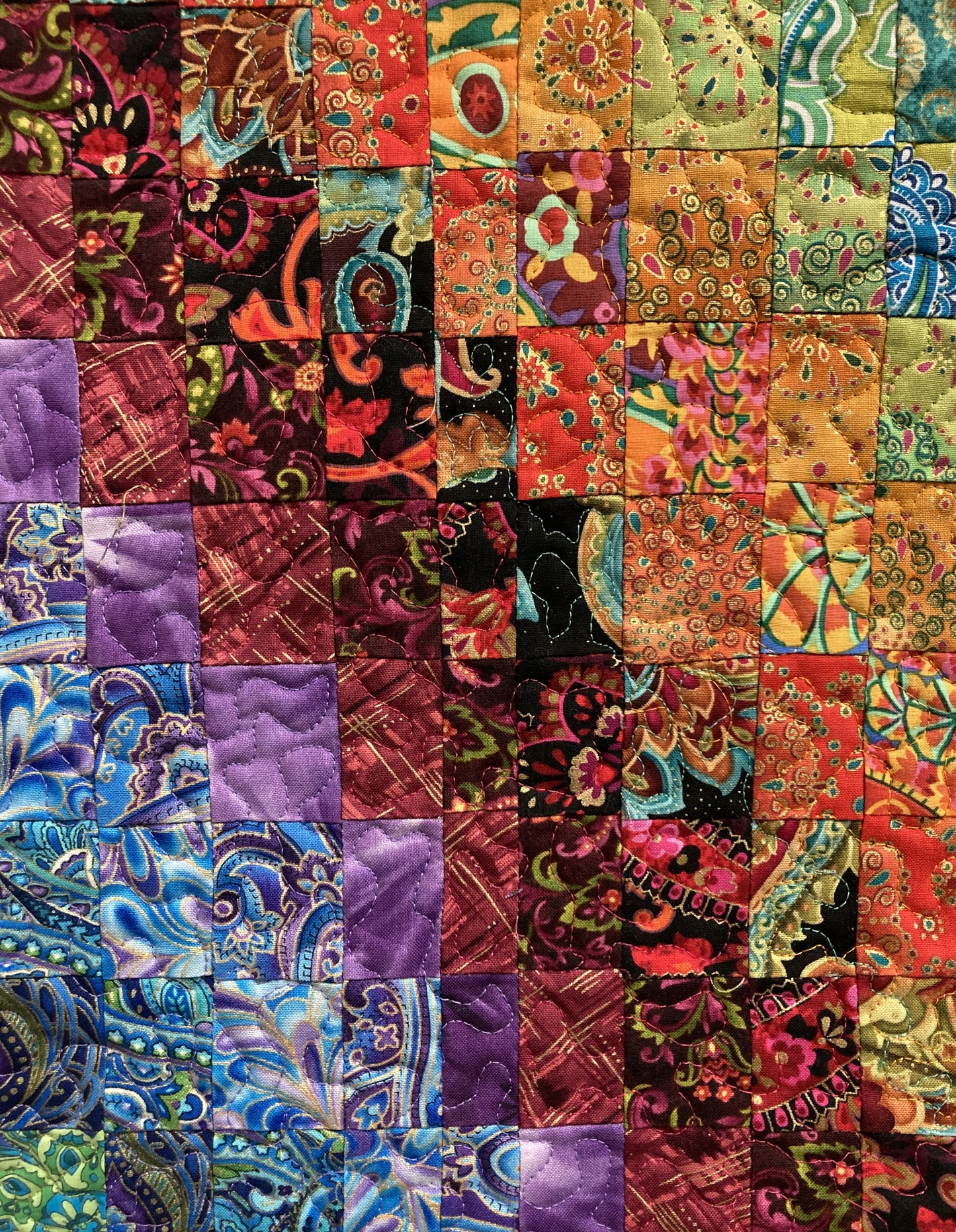 Abstract Bright Boho Fabric Wall Hanging Art Quilt Watercolor Tapestry, 18x36” Vertical Hippie Chic Runner Paisley Handmade Original