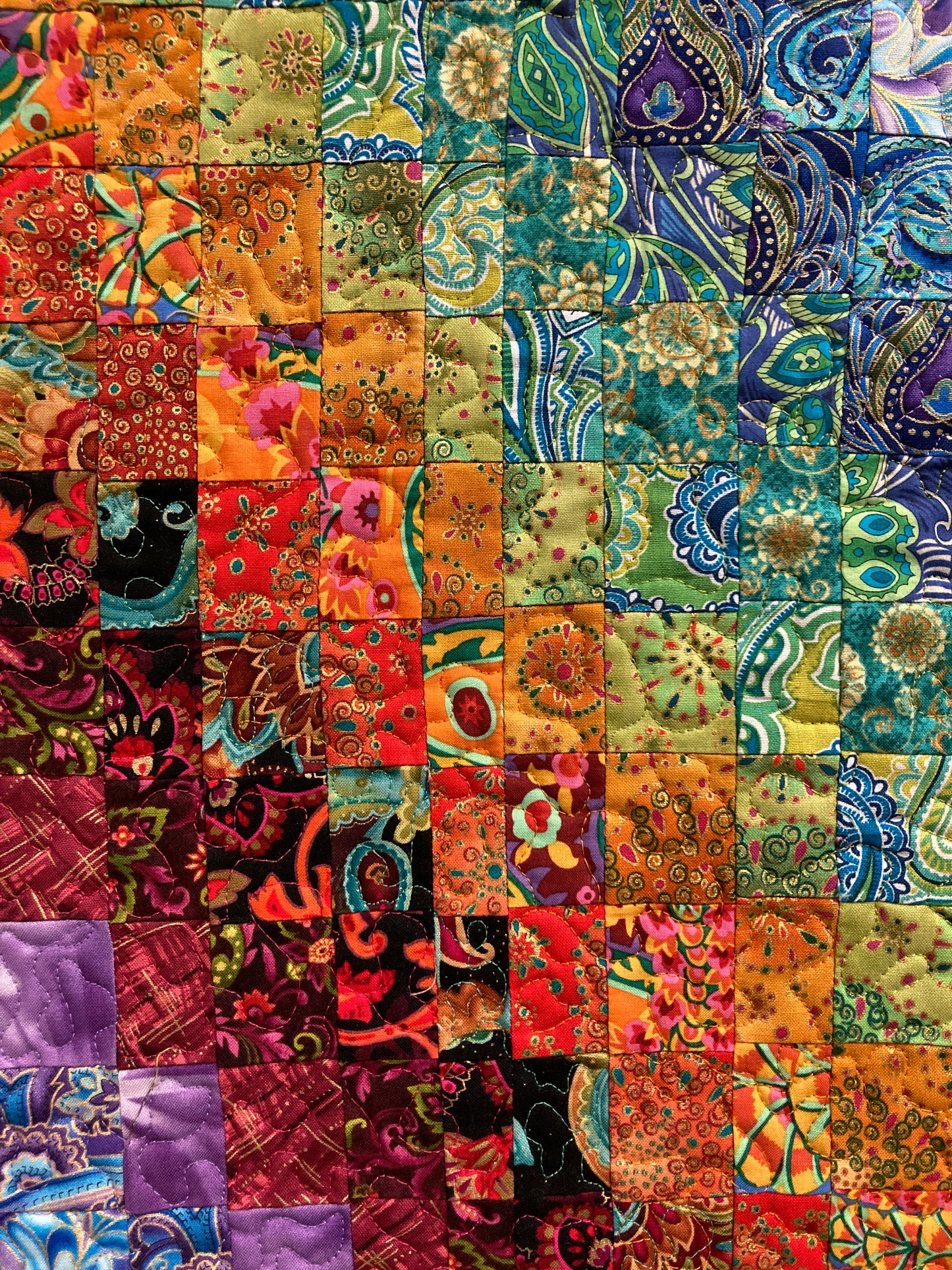 Abstract Bright Boho Fabric Wall Hanging Art Quilt Watercolor Tapestry, 18x36” Vertical Hippie Chic Runner Paisley Handmade Original