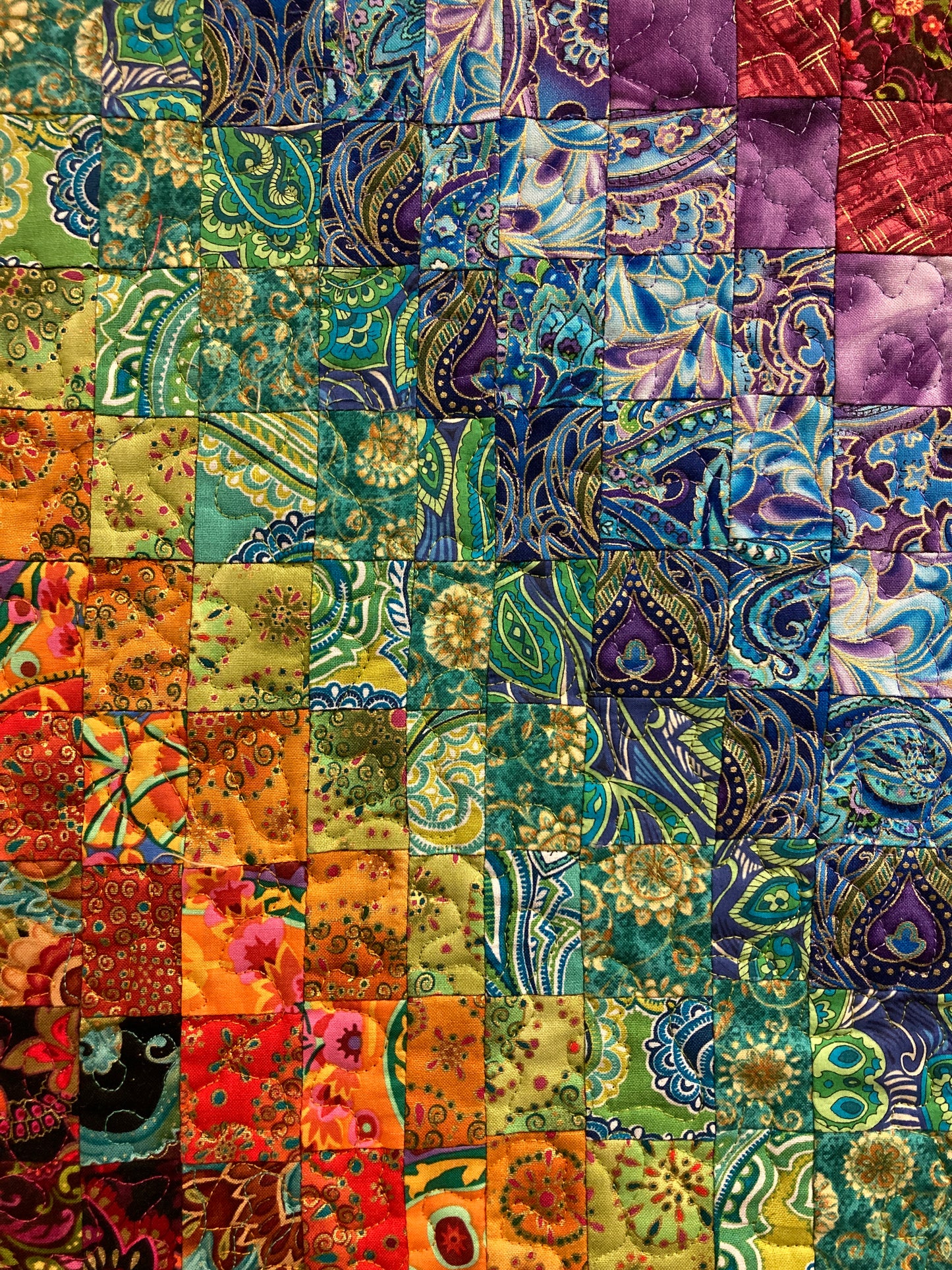 Abstract Bright Boho Fabric Wall Hanging Art Quilt Watercolor Tapestry, 18x36” Vertical Hippie Chic Runner Paisley Handmade Original