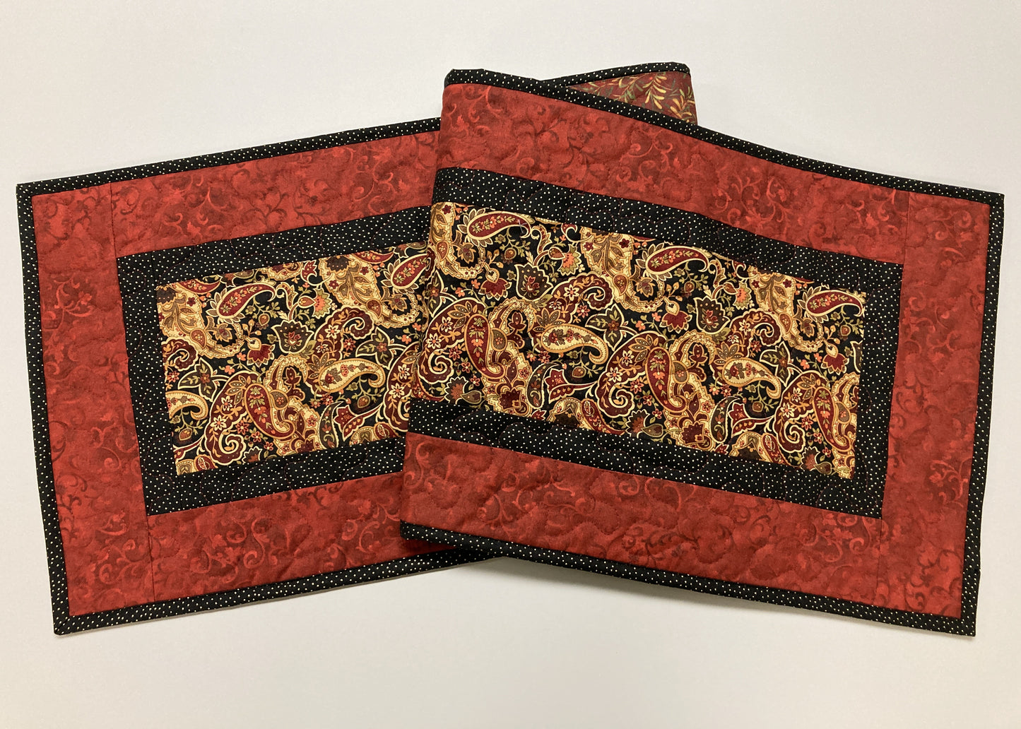 Quilted Dining Table Runner, Traditional Paisley Rust Gold Black, 13x48" Reversible Washable, Coffee Table Dresser Scarf, Everyday Handmade