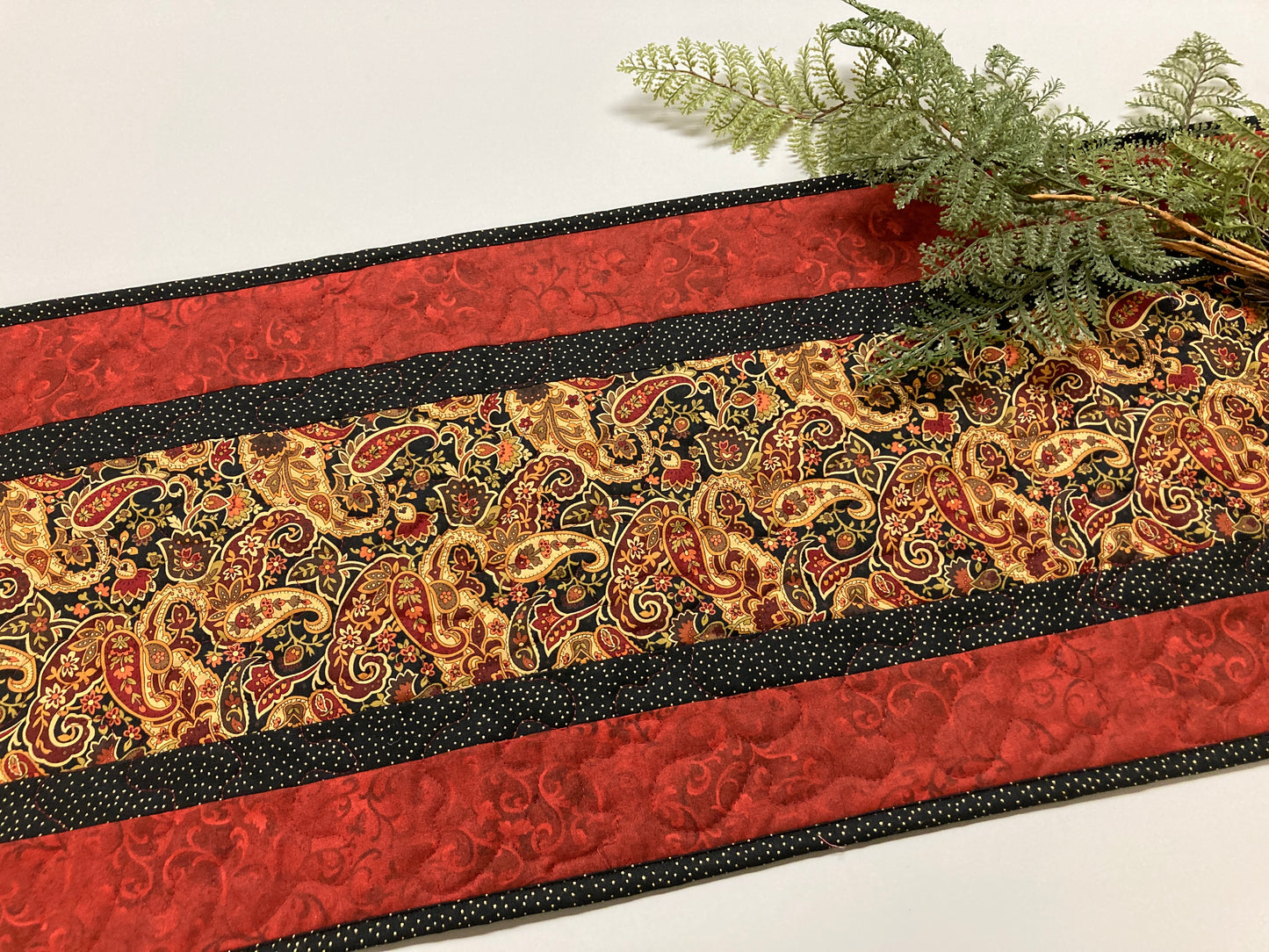 Quilted Dining Table Runner, Traditional Paisley Rust Gold Black, 13x48" Reversible Washable, Coffee Table Dresser Scarf, Everyday Handmade